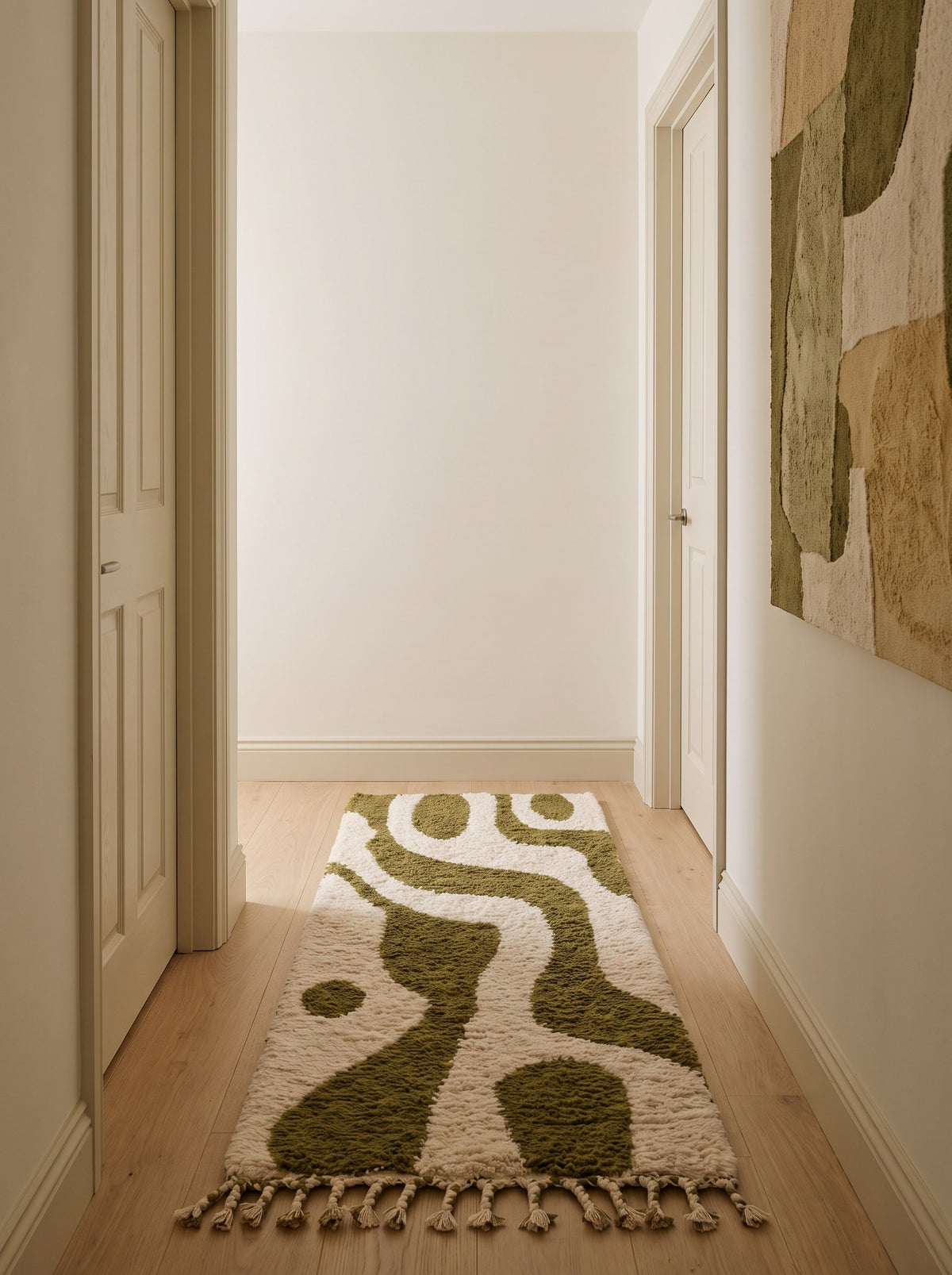 Tapis de couloir berbère graphique blanc et vert olive Assaka dans un autre couloir, noué main au Maroc