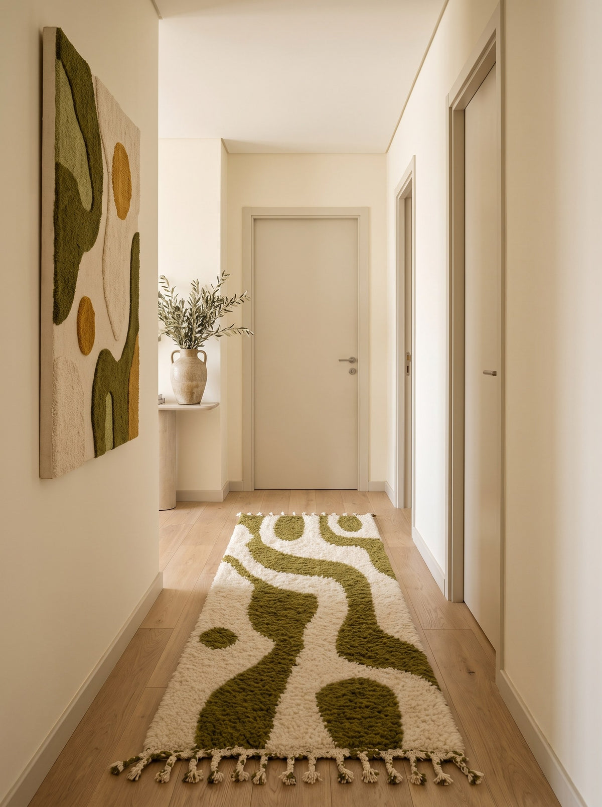 Tapis de couloir berbère graphique blanc et vert olive Assaka dans un troisième couloir, noué main au Maroc