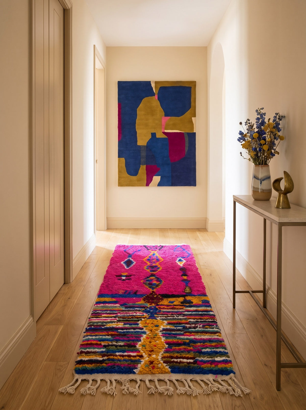 Tapis de couloir berbère graphique fuchsia multicolore Asayis dans un autre couloir, noué main au Maroc