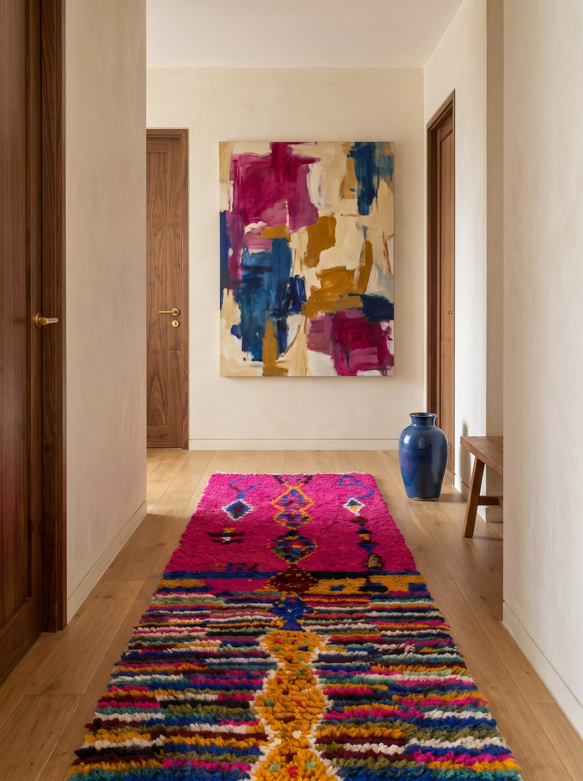 Tapis de couloir berbère graphique fuchsia multicolore Asayis dans un troisième couloir, noué main au Maroc