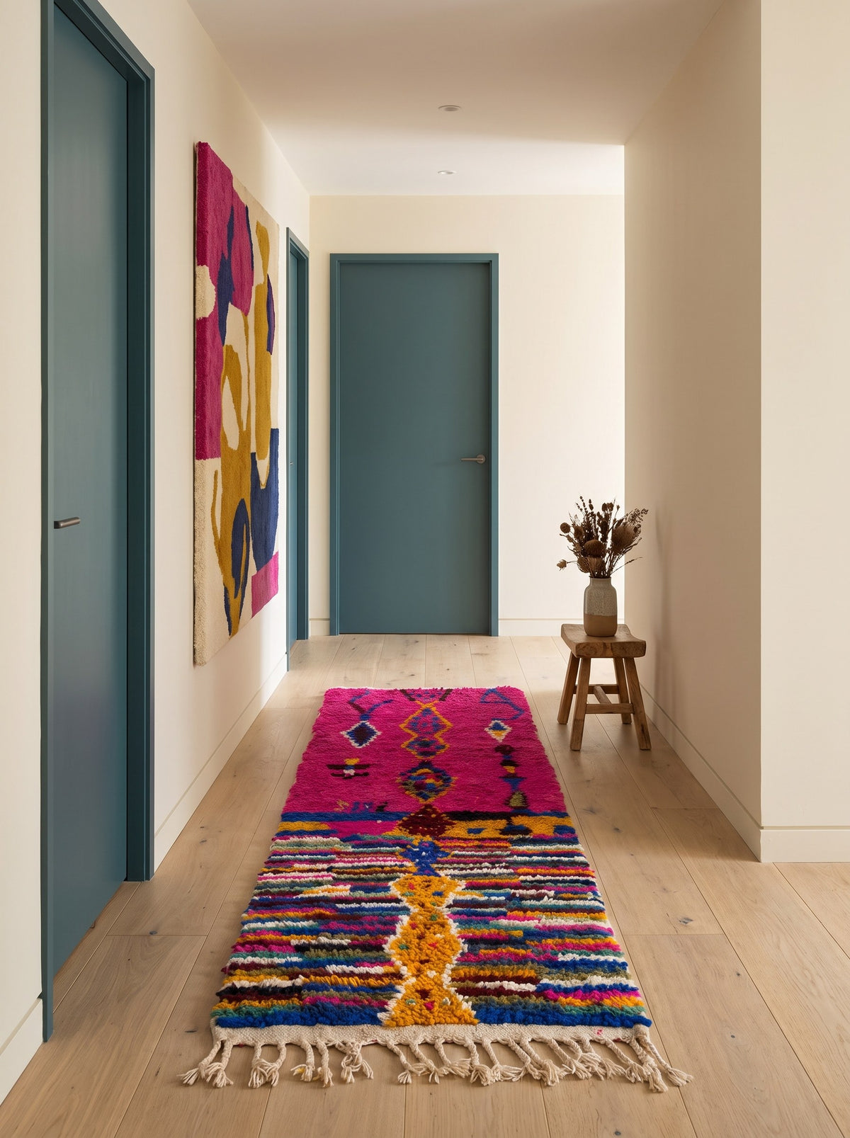 Tapis de couloir berbère graphique fuchsia multicolore Asayis dans un couloir, noué main au Maroc