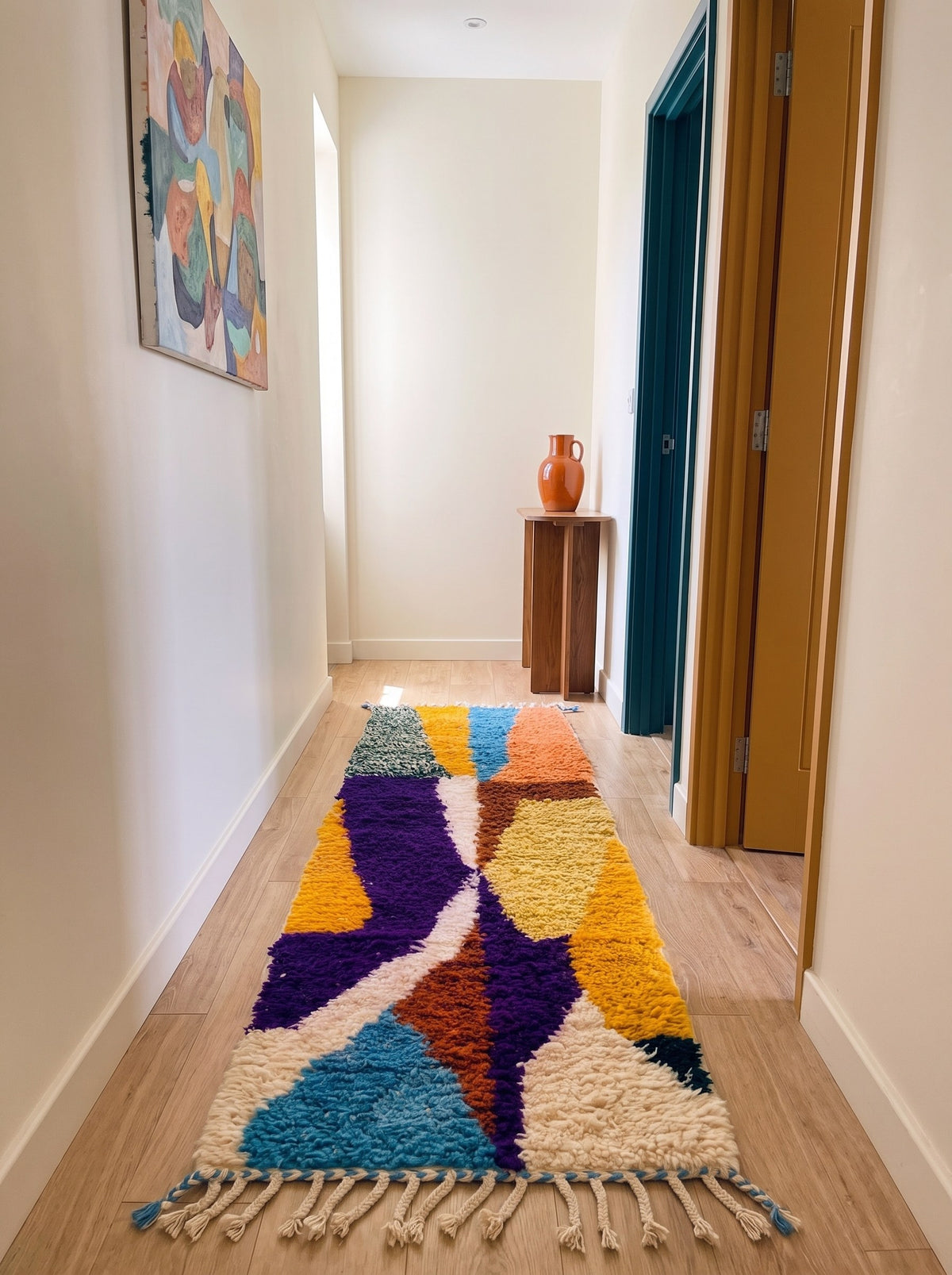 Tapis de couloir berbère graphique multicolore Belnoua dans un troisième couloir, noué main au Maroc