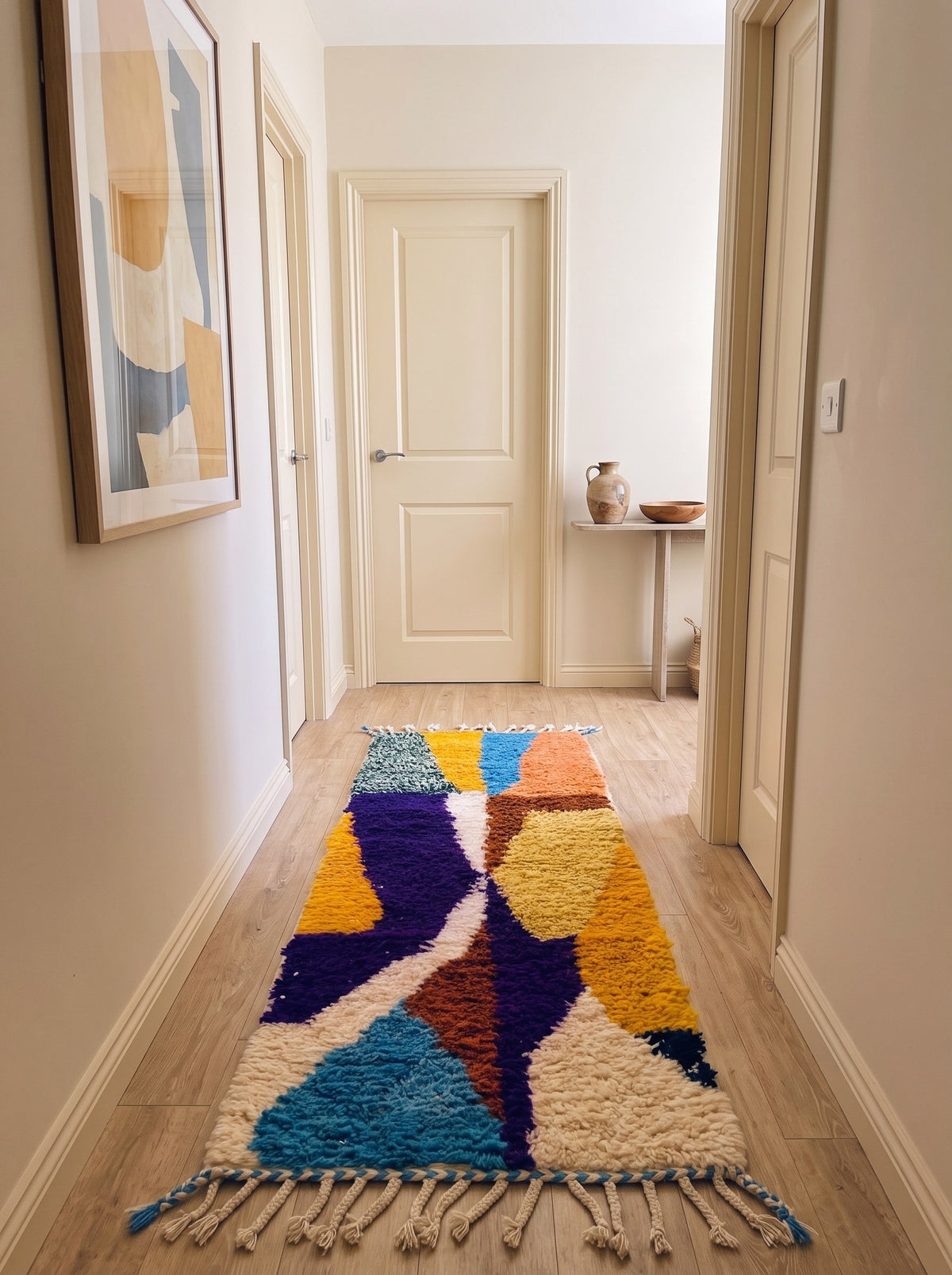 Tapis de couloir berbère graphique multicolore Belnoua dans un couloir, noué main au Maroc