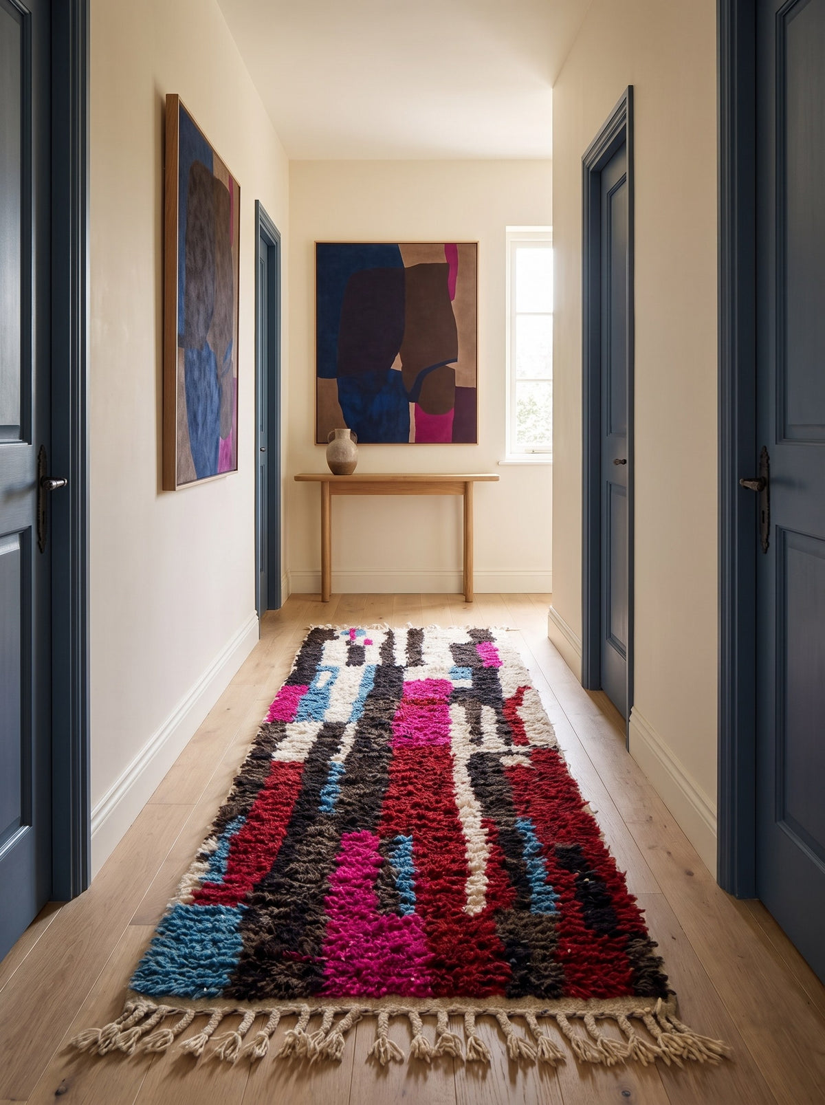 Tapis de couloir berbère graphique multicolore Belrouan dans un autre couloir, noué main au Maroc