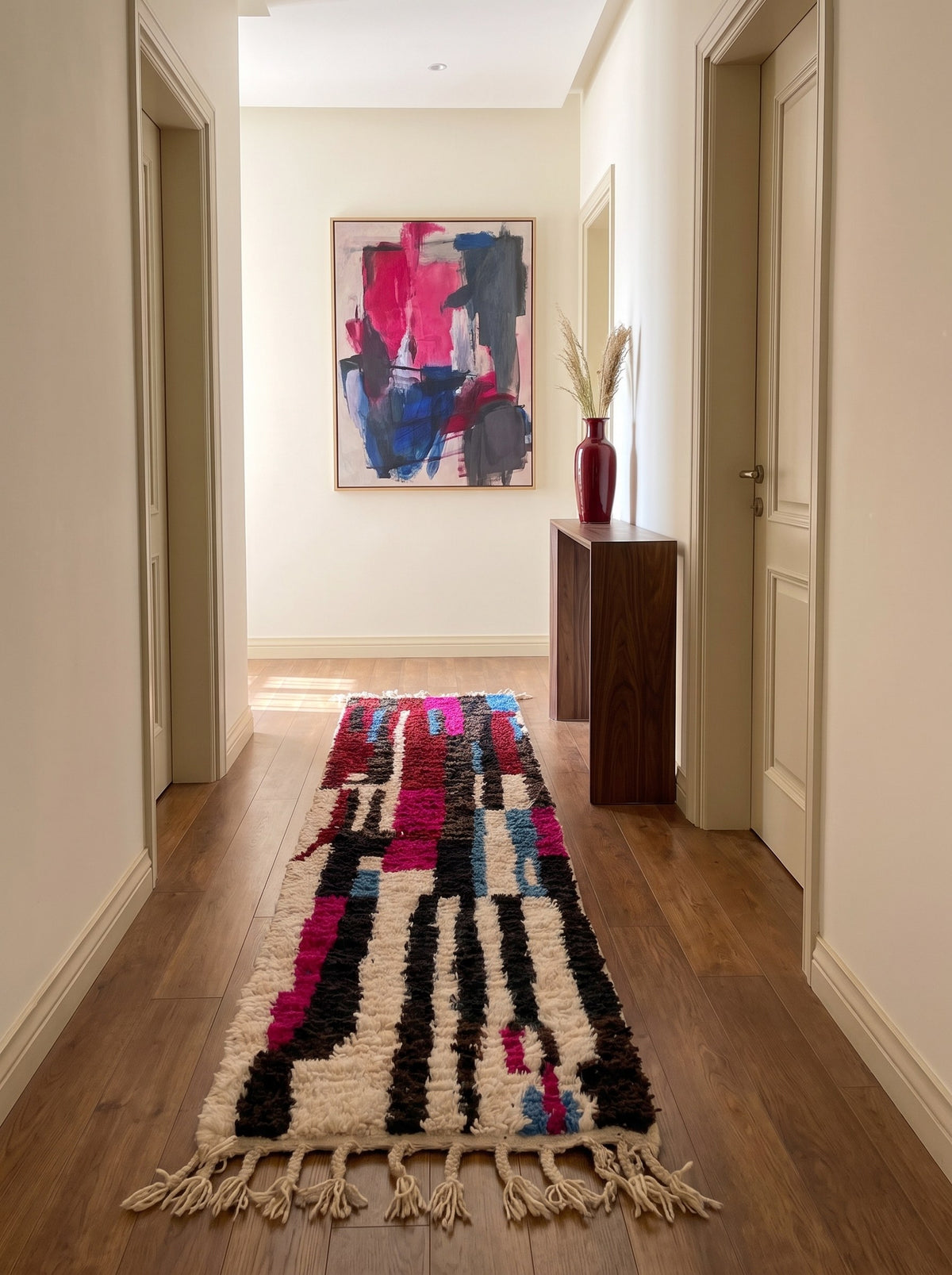 Belrouan graphic Berber runner in many colours, in a hallway, hand-knotted in Morocco