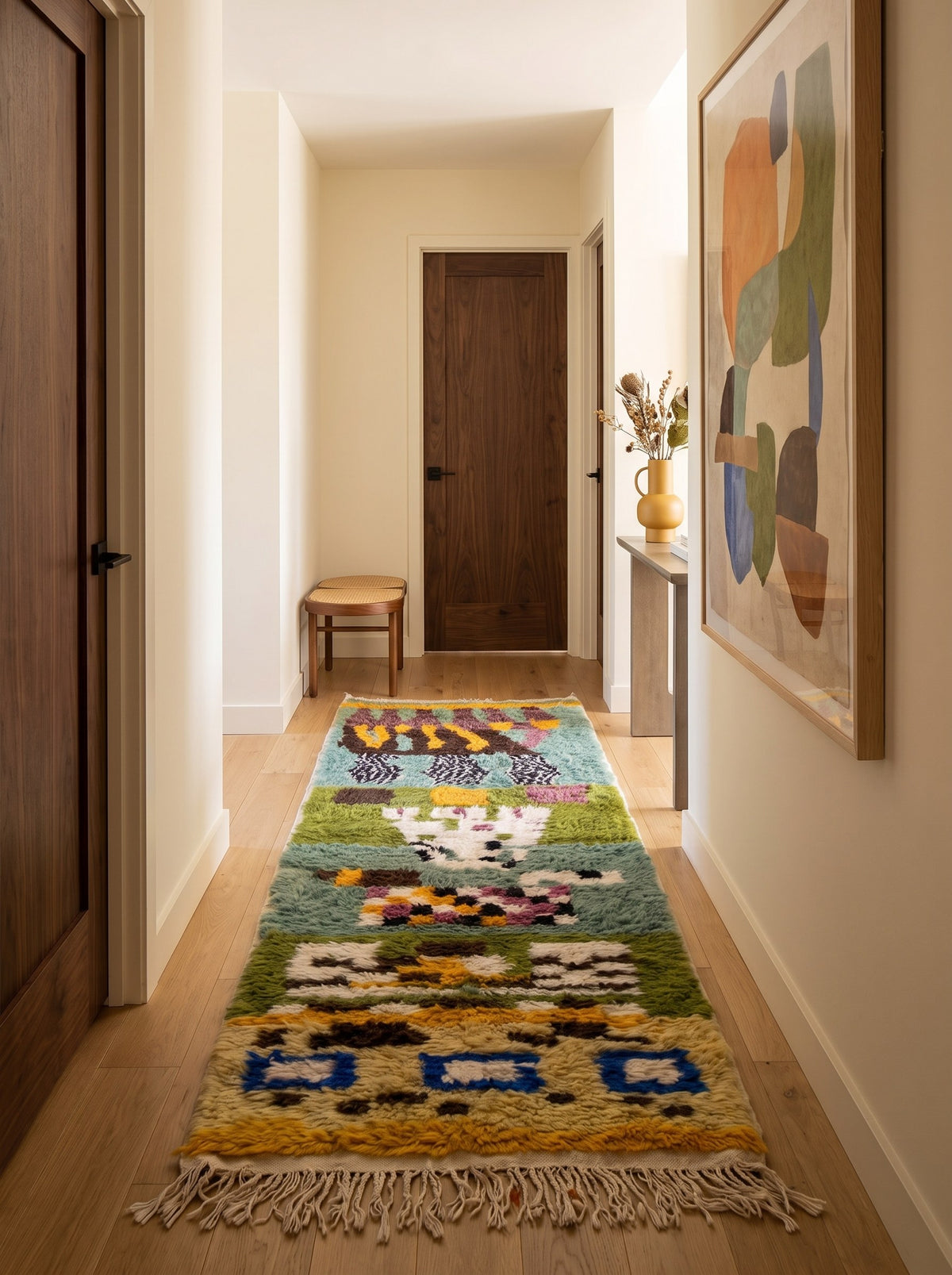 Tapis de couloir berbère graphique multicolore Kerdous dans un troisième couloir, noué main au Maroc