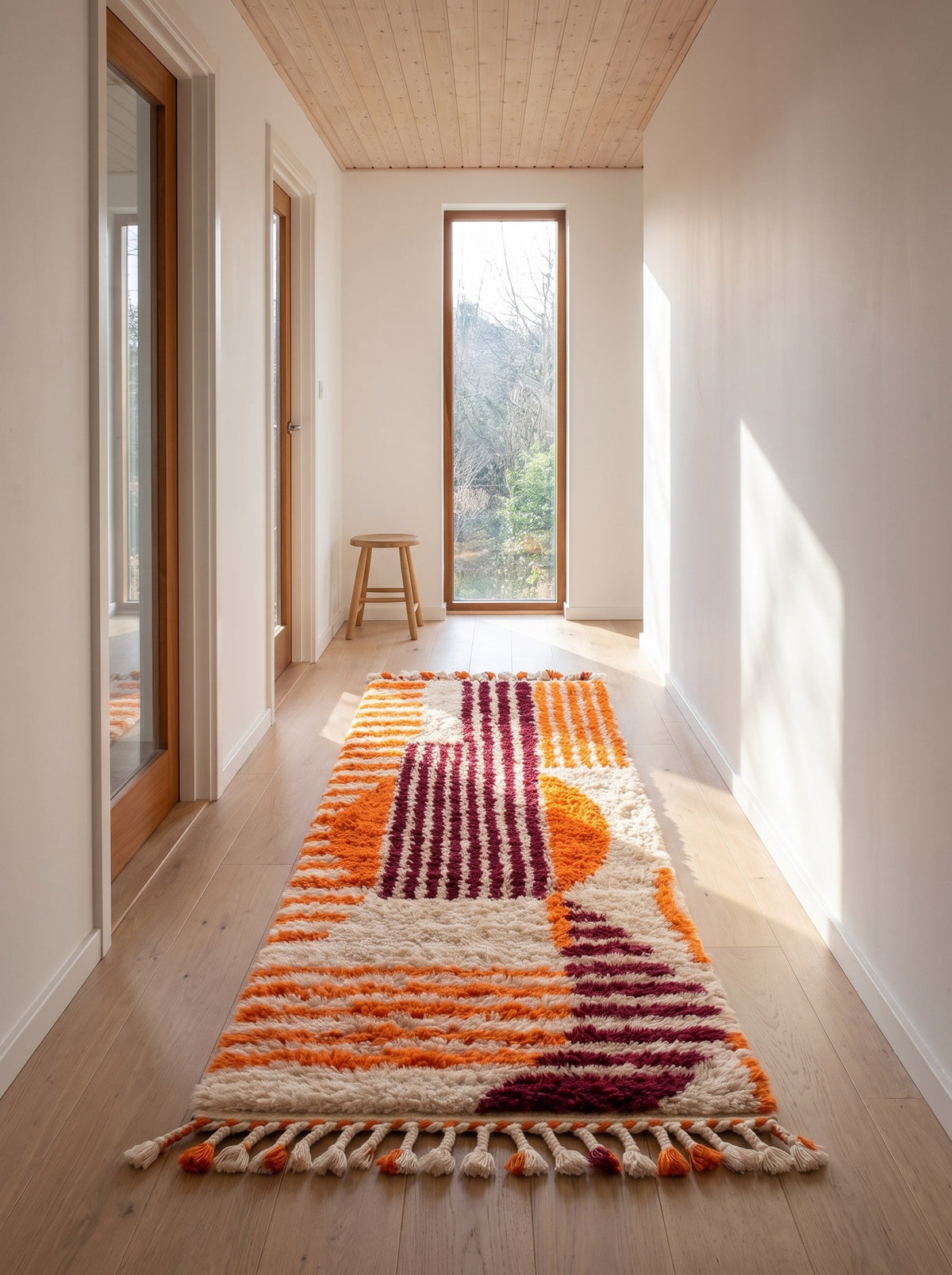 Tapis de couloir berbère graphique orange et bordeaux Melgad dans un autre couloir, noué main au Maroc