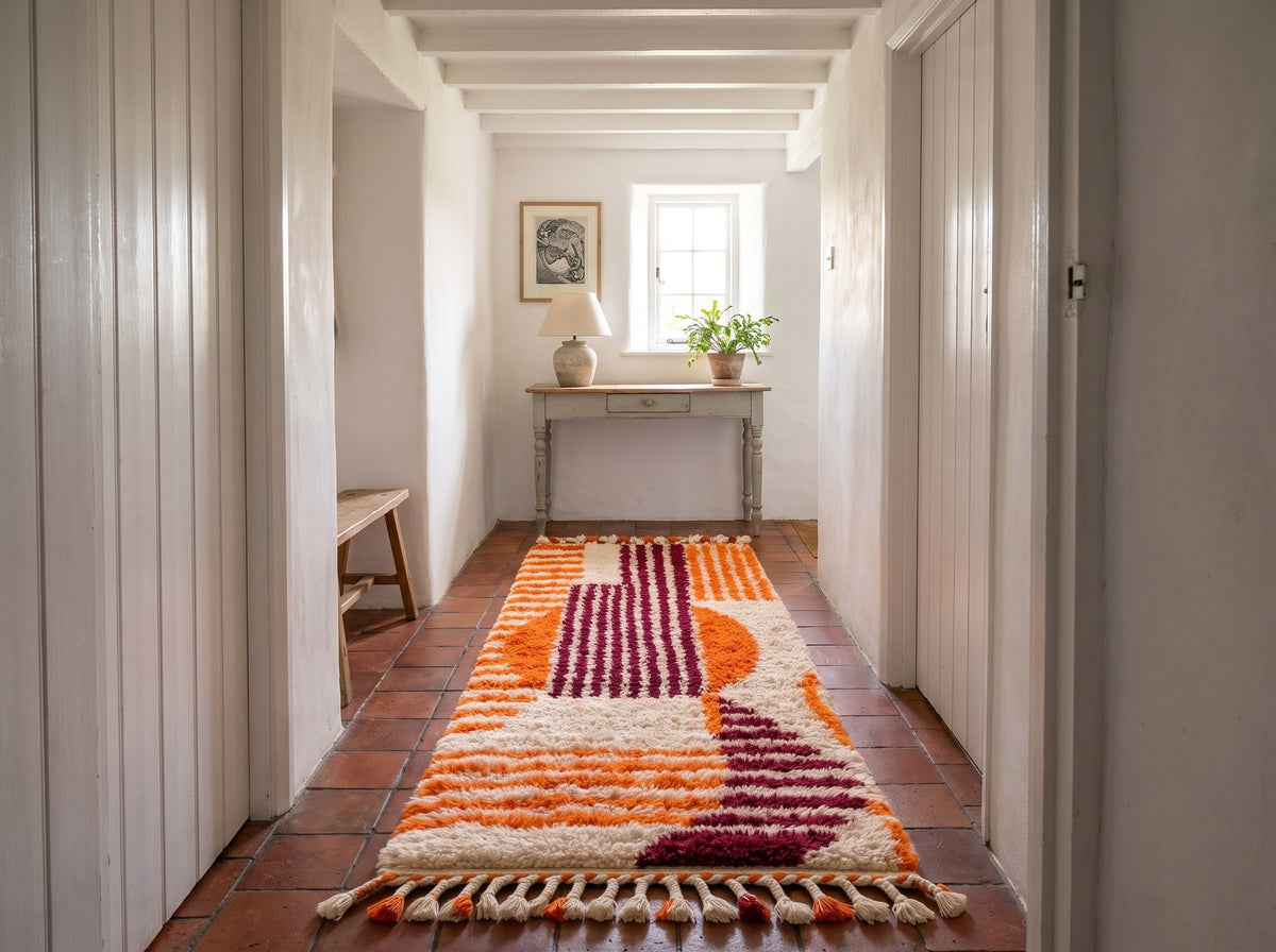 Style déco : maison de bord de mer. Ambiance : lumière chaude d'après-midi. Pièce : couloir