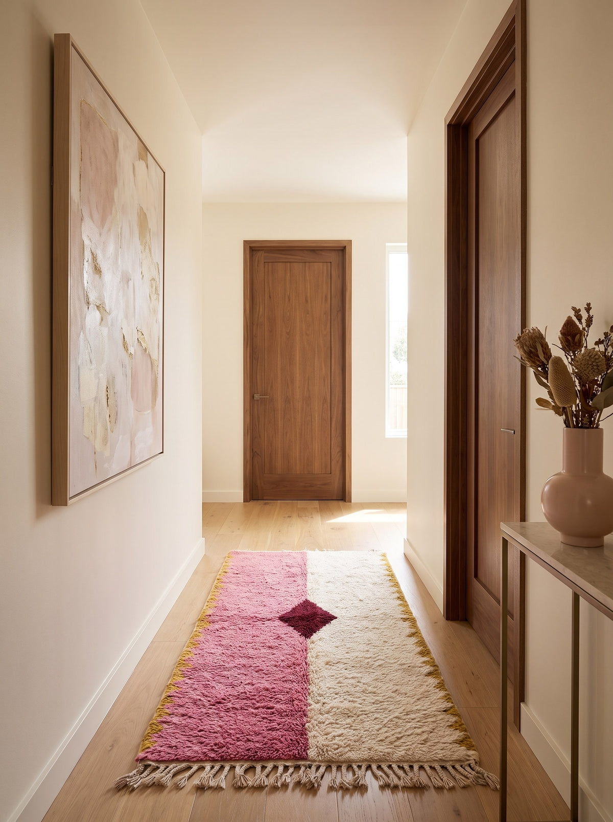 Tapis de couloir berbère graphique rose et blanc Tadsa dans un autre couloir, noué main au Maroc