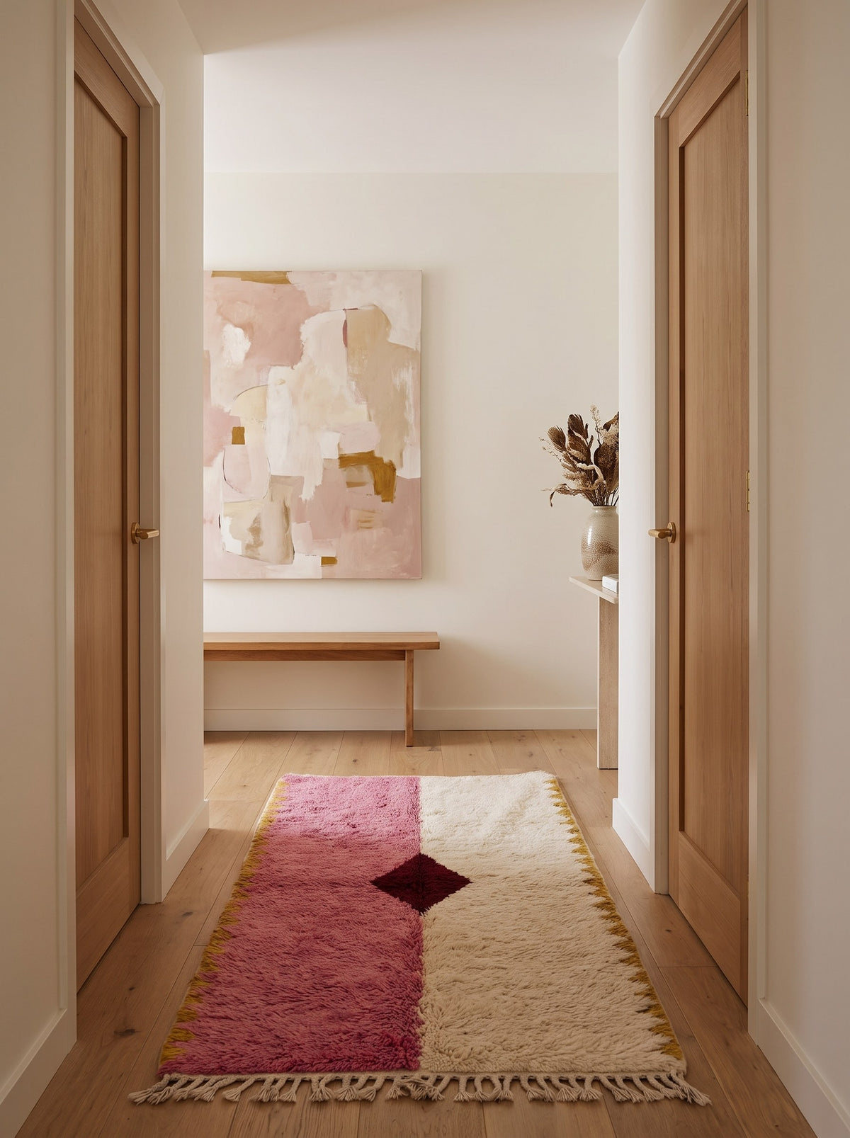 Tapis de couloir berbère graphique rose et blanc Tadsa dans un troisième couloir, noué main au Maroc