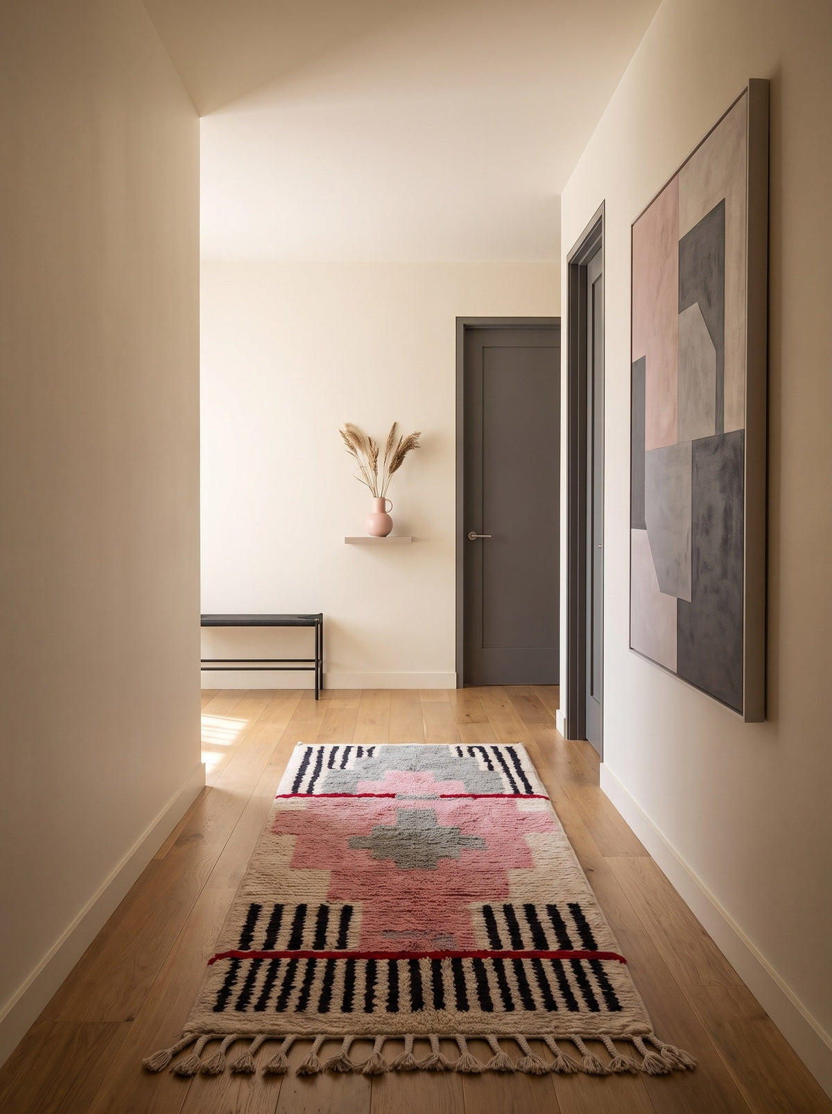 Timzila graphic Berber runner in pink and grey, in another hallway, hand-knotted in Morocco