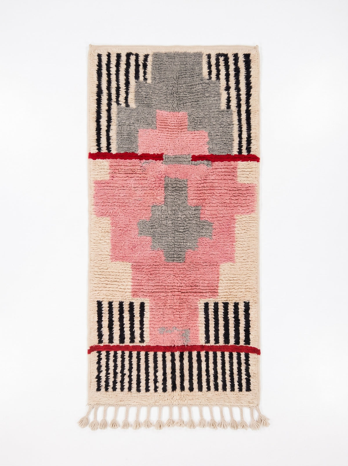 Timzila graphic Berber runner in pink and grey, laid flat, medium-pile runner, ecru ground, vertical black lines