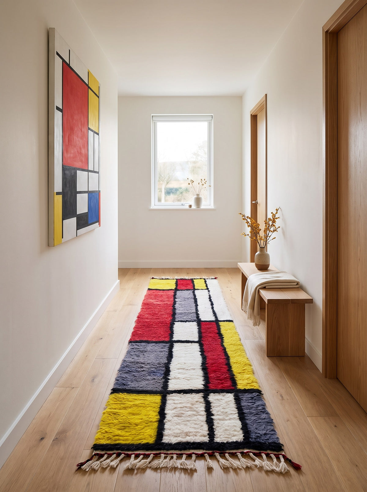 Tapis de couloir berbère graphique rouge et jaune Azetta dans un troisième couloir, noué main au Maroc