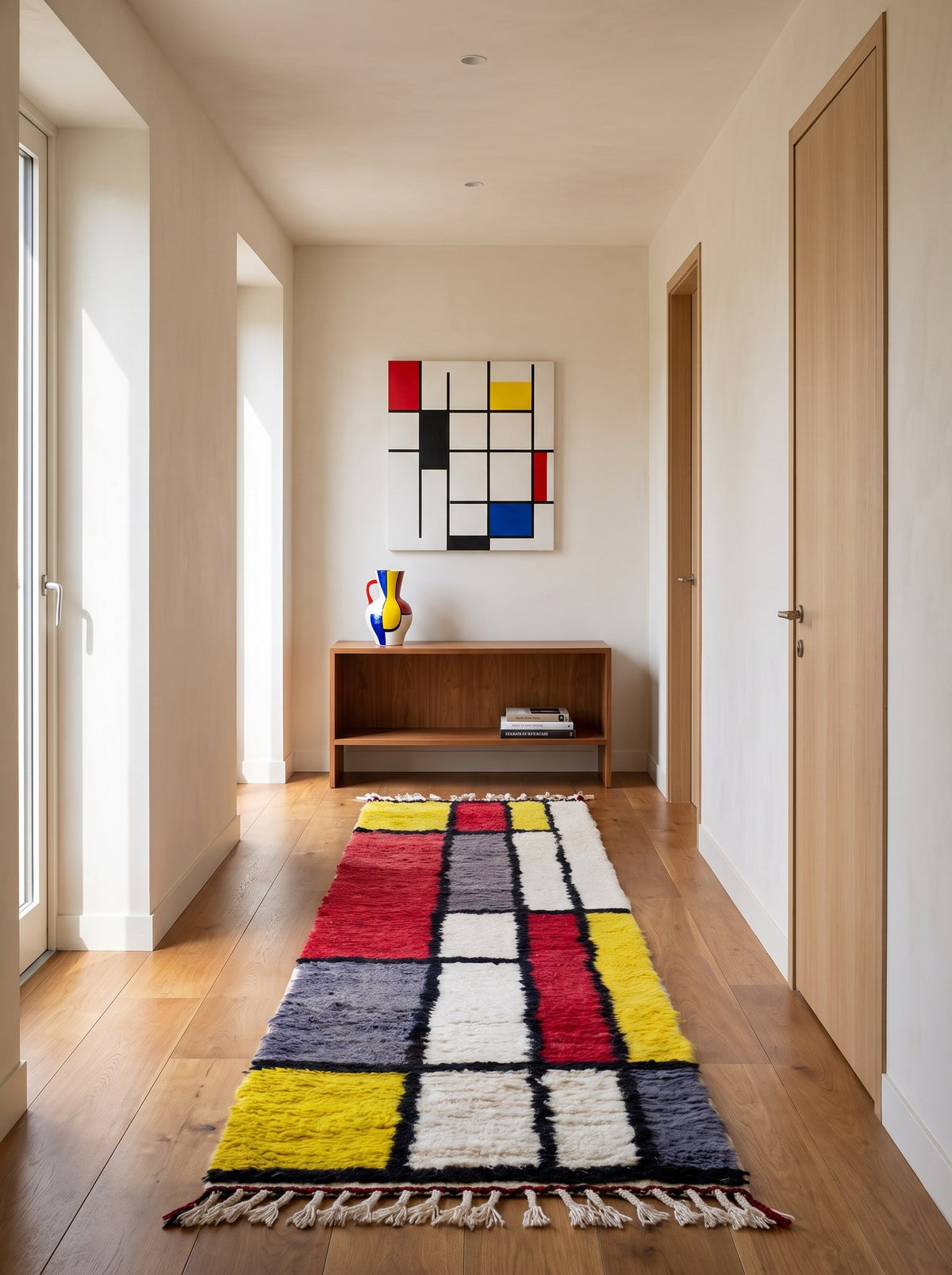 Tapis de couloir berbère graphique rouge et jaune Azetta dans un couloir, noué main au Maroc