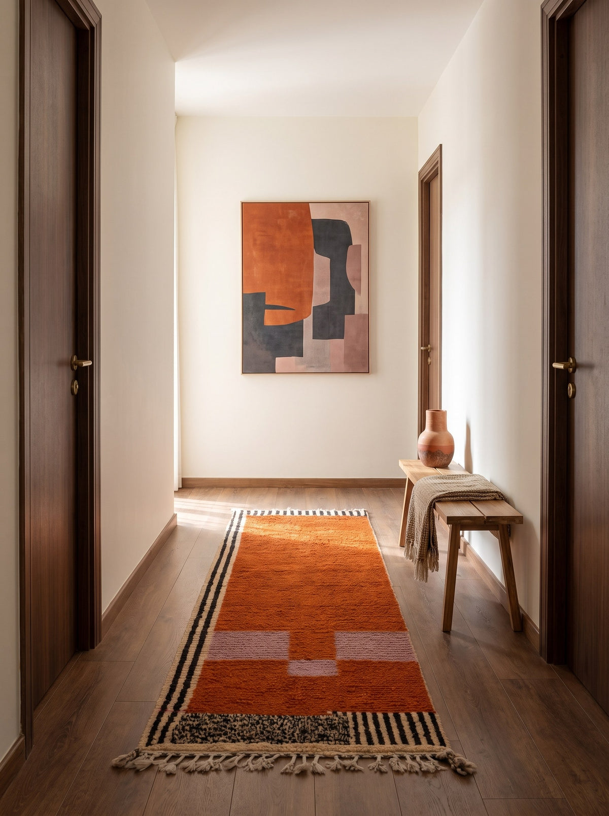 Tapis de couloir berbère graphique terracotta Boumalne dans un autre couloir, noué main au Maroc