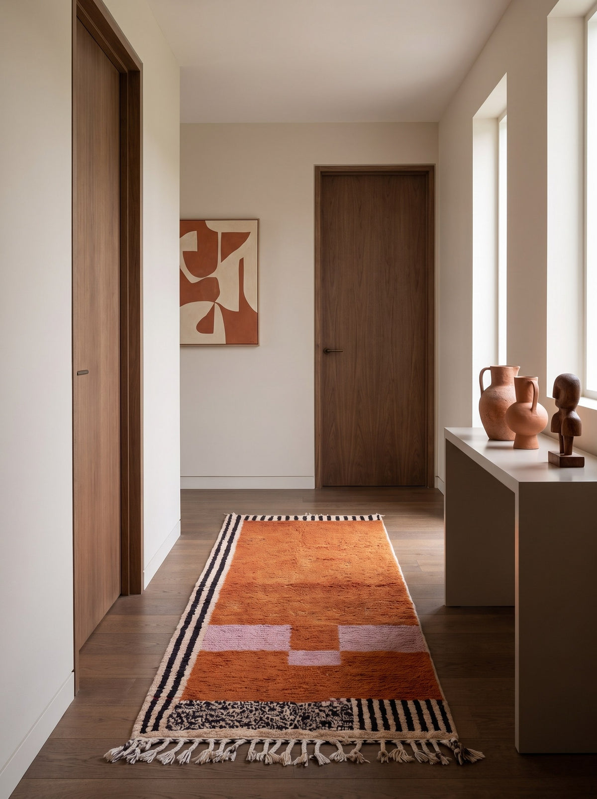 Tapis de couloir berbère graphique terracotta Boumalne dans un troisième couloir, noué main au Maroc