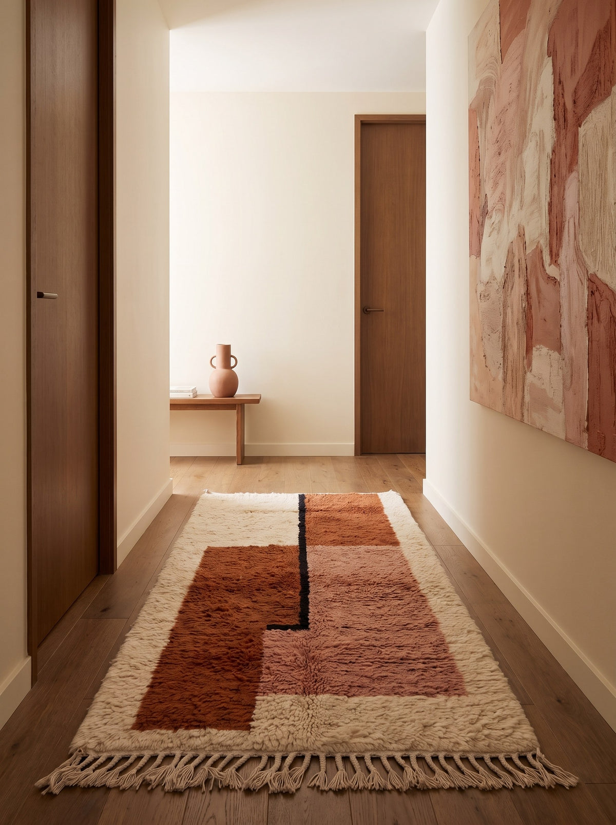 Tapis de couloir berbère graphique terracotta et rose Dalzira dans un autre couloir, noué main au Maroc