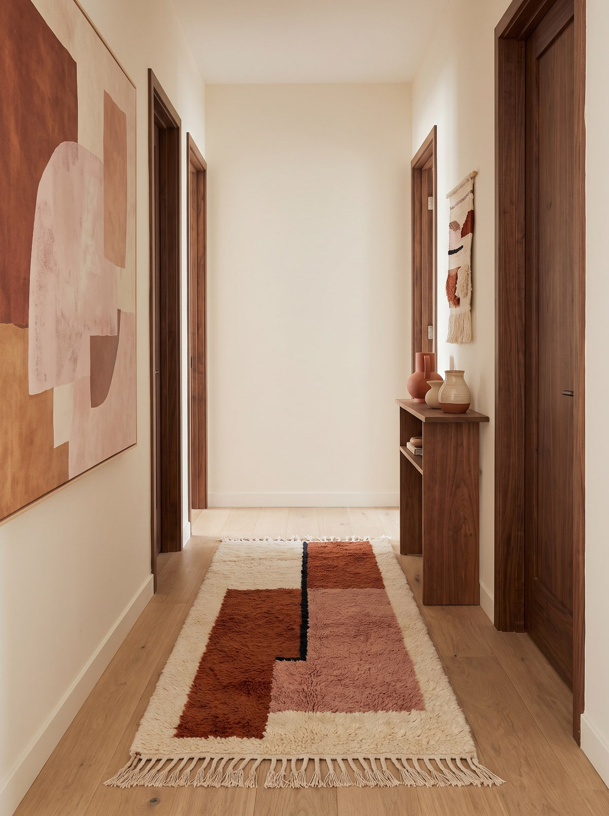 Tapis de couloir berbère graphique terracotta et rose Dalzira dans un troisième couloir, noué main au Maroc