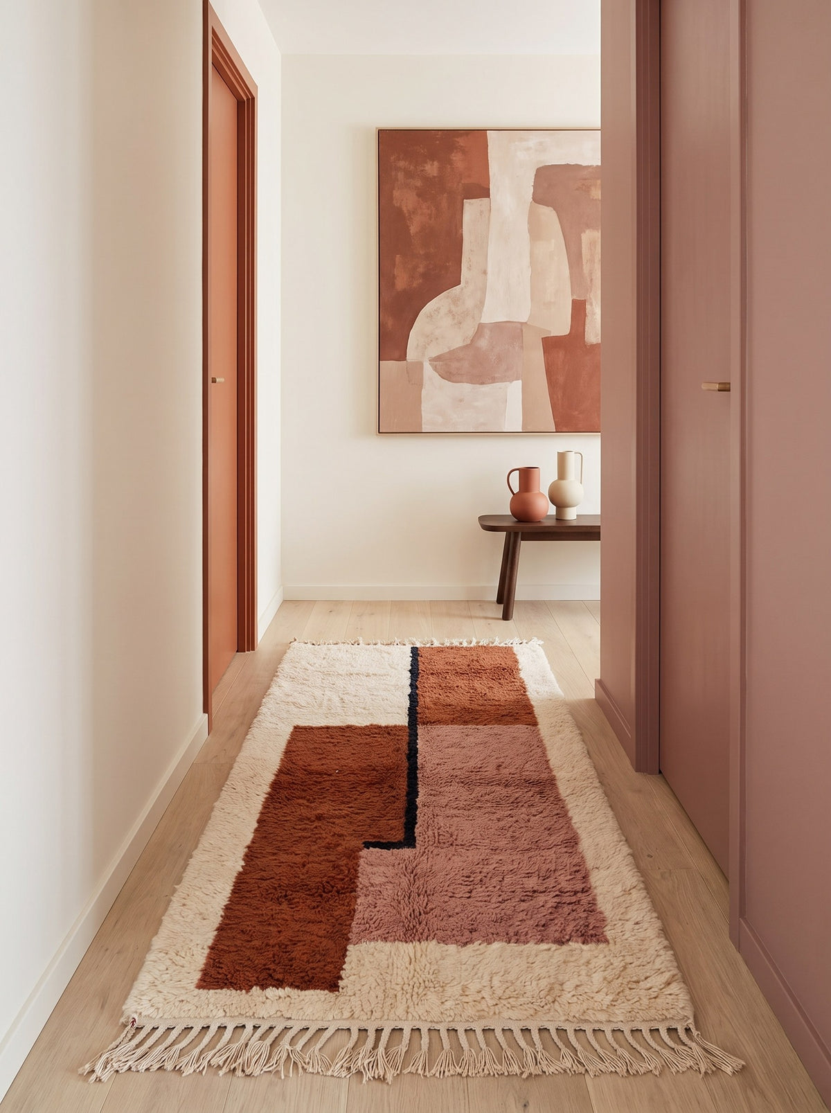 Tapis de couloir berbère graphique terracotta et rose Dalzira dans un couloir, noué main au Maroc