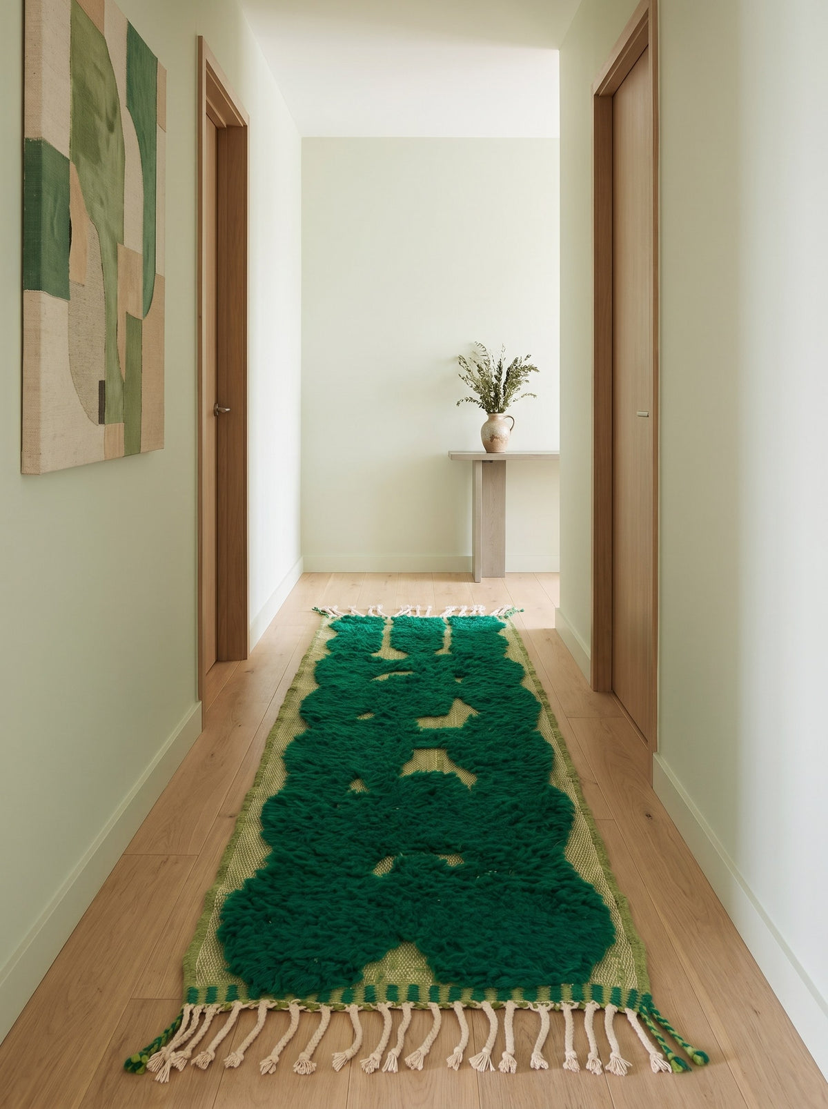 Tapis de couloir berbère graphique vert émeraude Balissa dans un troisième couloir, noué main au Maroc