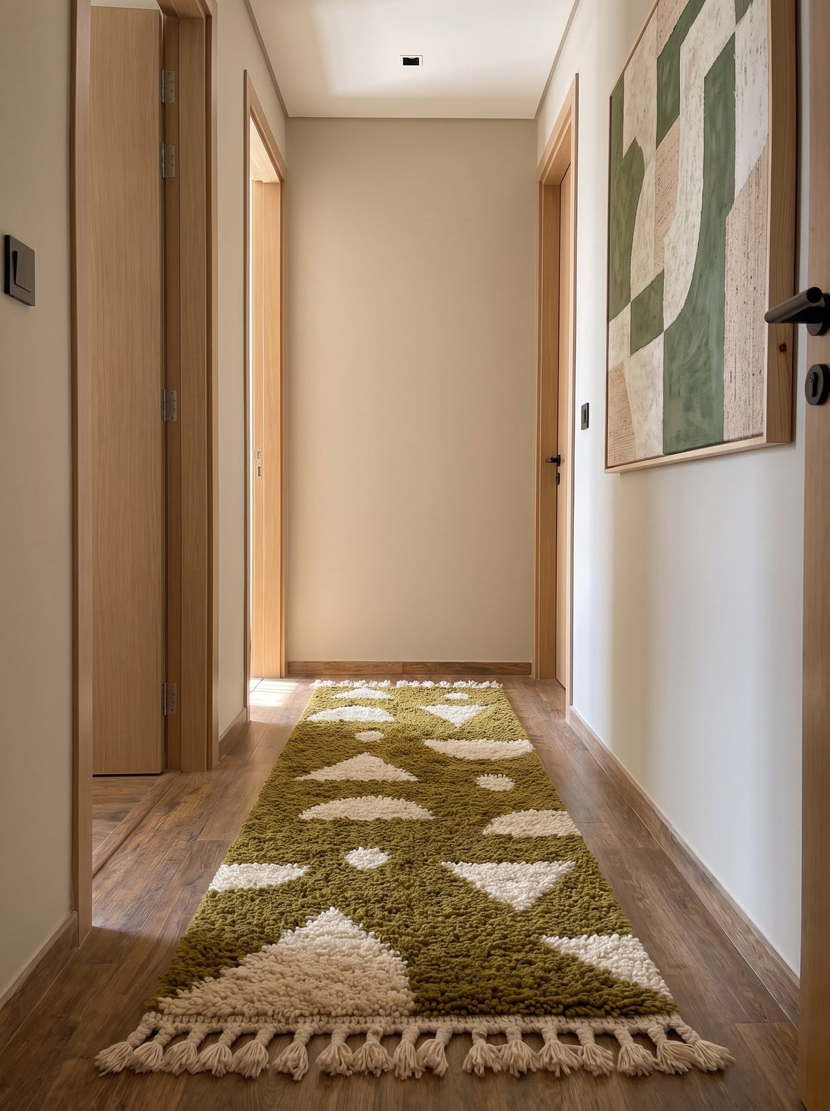 Tapis de couloir berbère graphique vert olive et blanc Azelt dans un autre couloir, noué main au Maroc