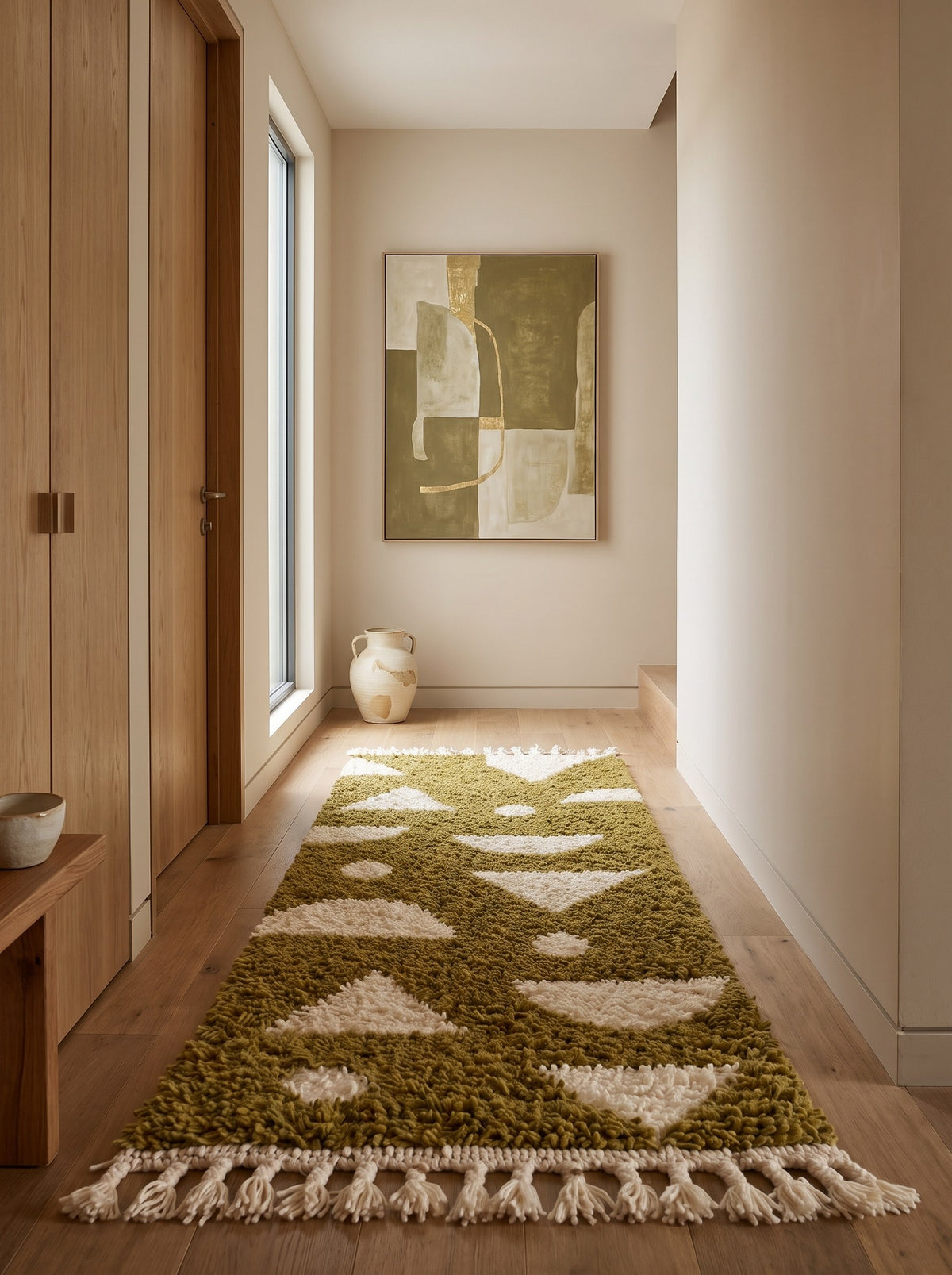 Tapis de couloir berbère graphique vert olive et blanc Azelt dans un troisième couloir, noué main au Maroc