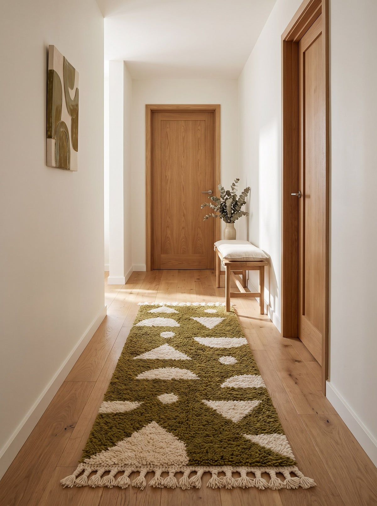 Tapis de couloir berbère graphique vert olive et blanc Azelt dans un couloir, noué main au Maroc