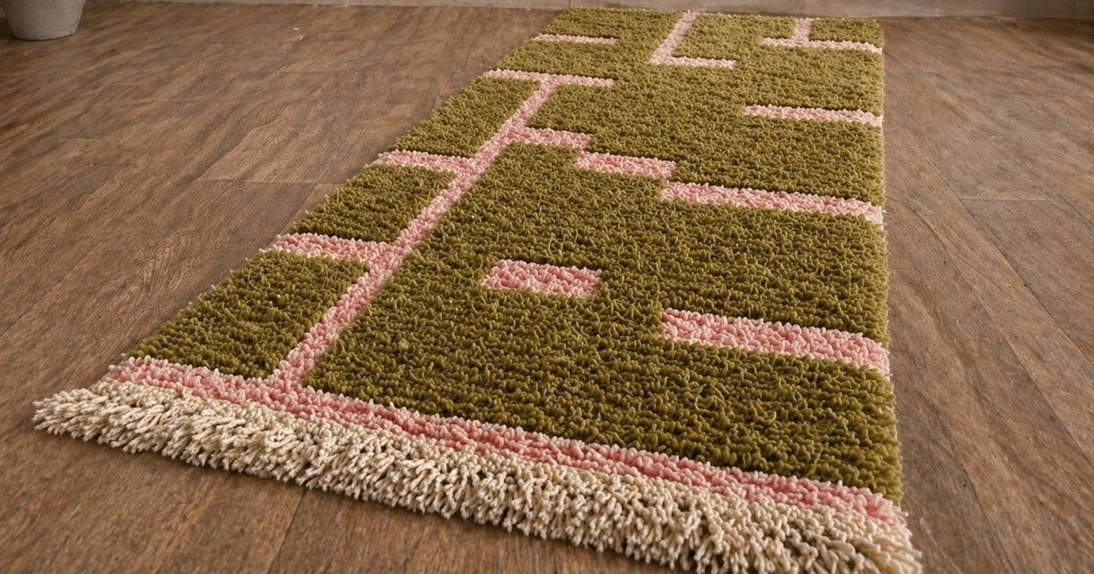 Tapis de couloir berbère graphique vert olive et rose Bougmez posé au sol vu de côté, noué main au Maroc