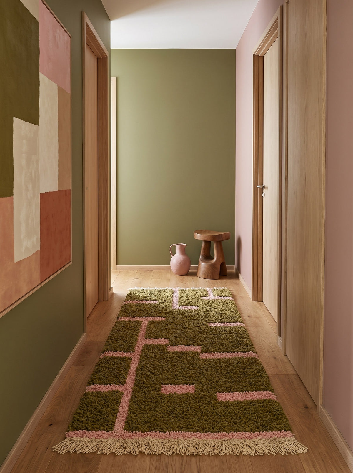 Tapis de couloir berbère graphique vert olive et rose Bougmez dans un autre couloir, noué main au Maroc