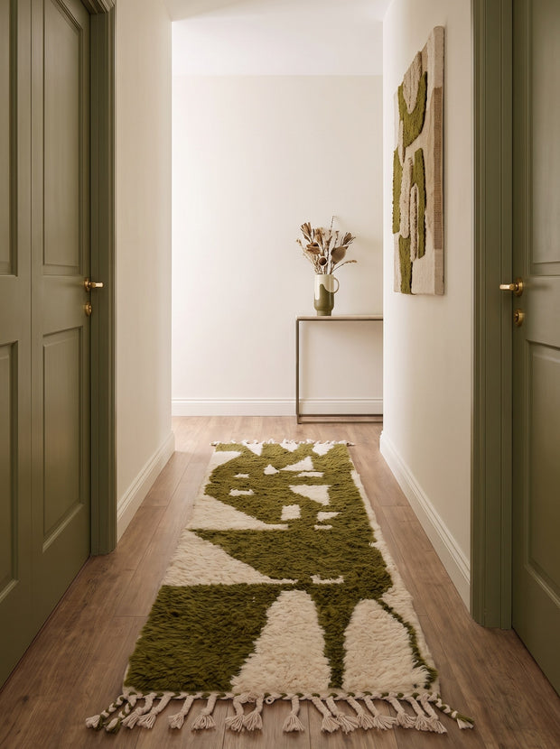 Tapis de couloir berbère graphique vert olive - Tamanar