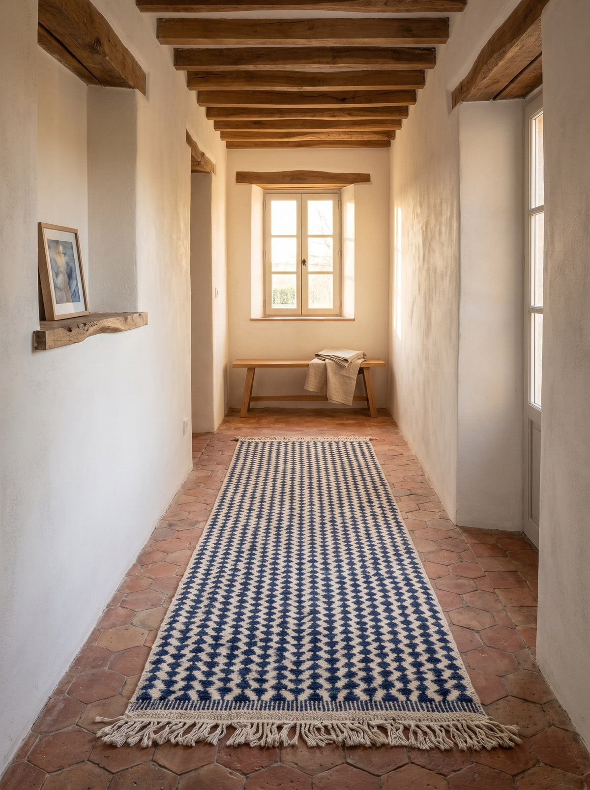 Tapis de couloir berbère kilim blanc et bleu Tamsoult dans un autre couloir, noué main au Maroc