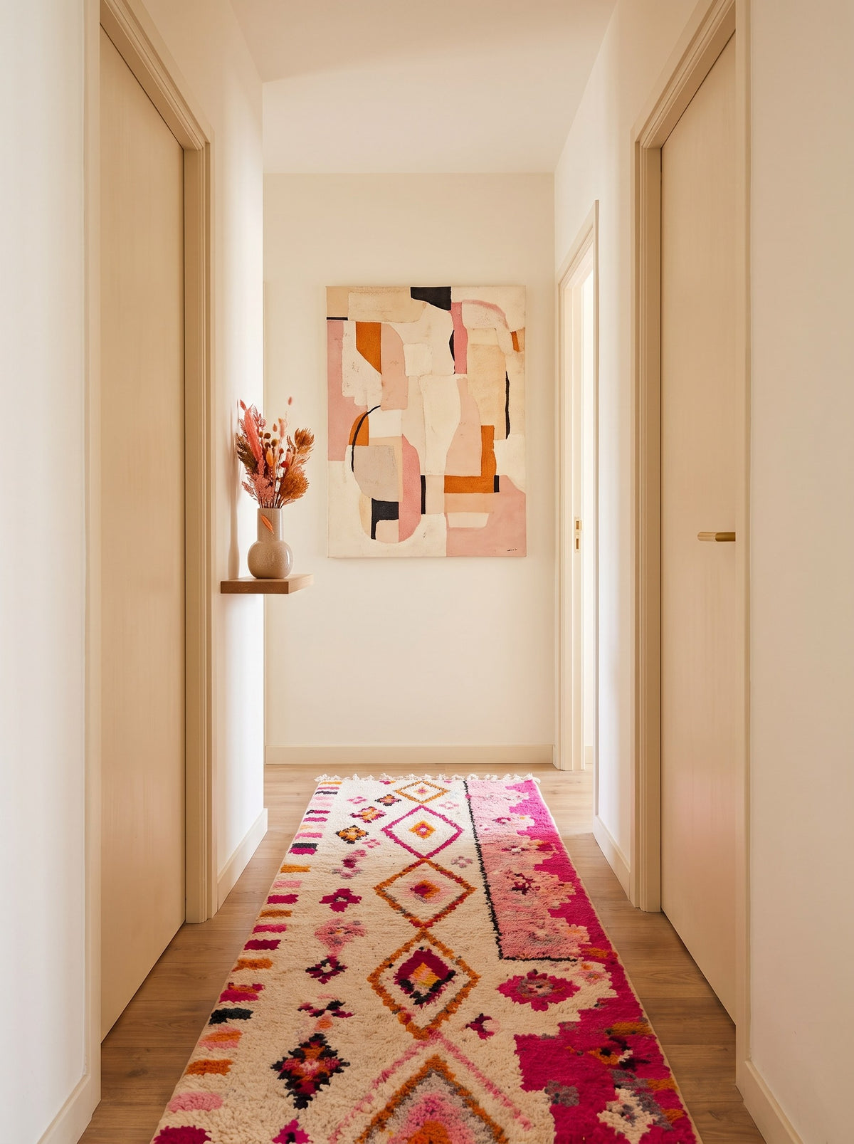 Tapis de couloir berbère style Azilal blanc et rose Amrawen dans un autre couloir, noué main au Maroc