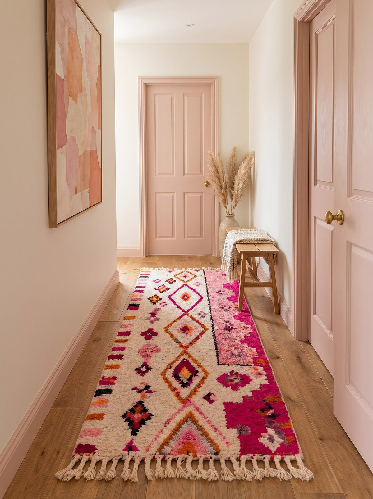 Tapis de couloir berbère style Azilal blanc et rose Amrawen dans un troisième couloir, noué main au Maroc
