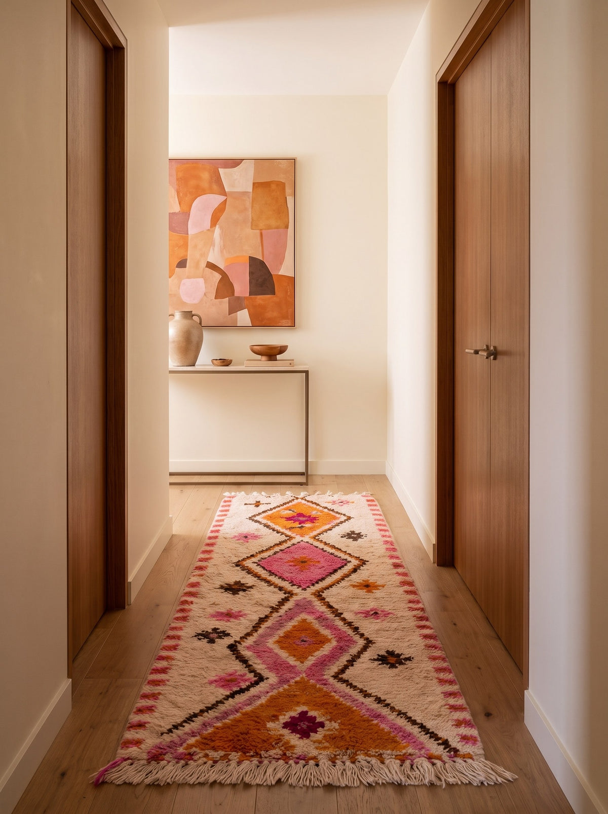 Tapis de couloir berbère style Azilal blanc, orange et rose Tifawin dans un autre couloir, noué main au Maroc