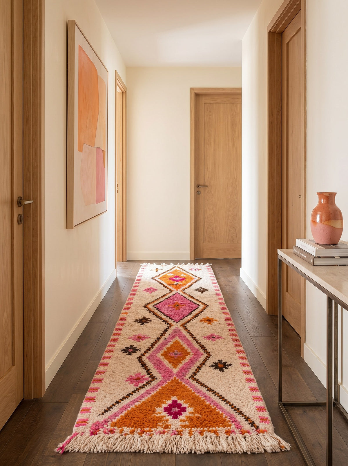 Tapis de couloir berbère style Azilal blanc, orange et rose Tifawin dans un troisième couloir, noué main au Maroc