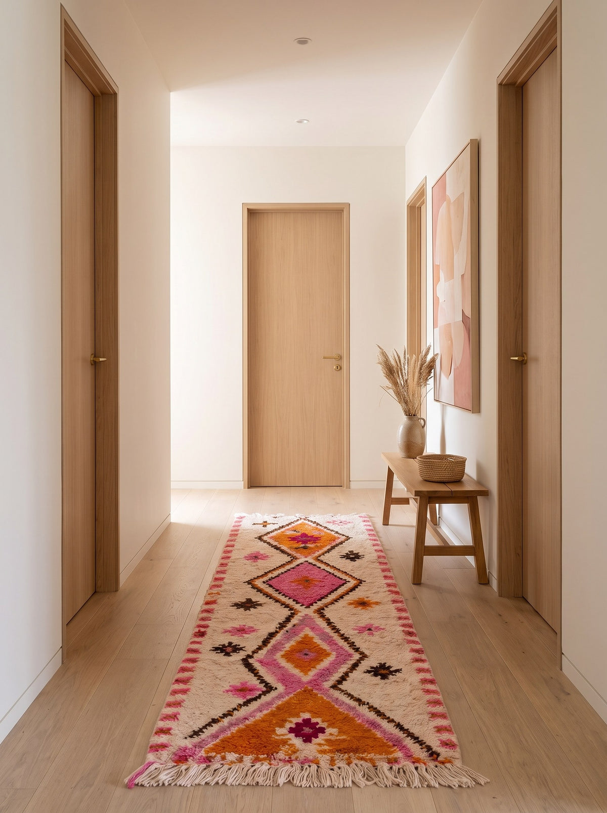 Tapis de couloir berbère style Azilal blanc, orange et rose Tifawin dans un couloir, noué main au Maroc