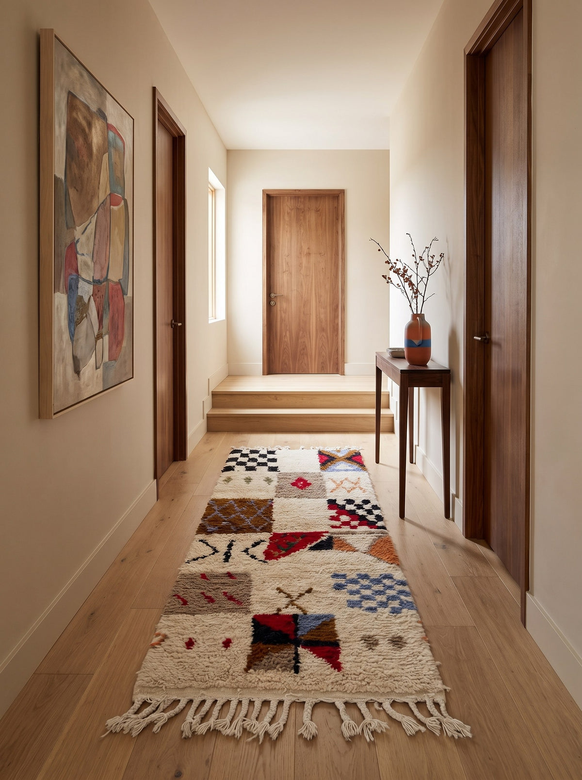 Tapis de couloir berbère style Azilal multicolore Hazmoud dans un autre couloir, noué main au Maroc