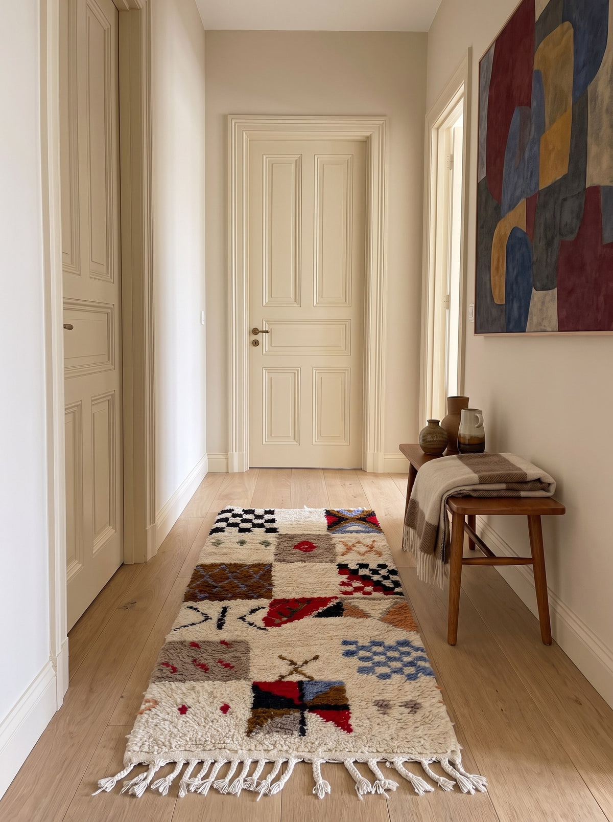 Tapis de couloir berbère style Azilal multicolore Hazmoud dans un troisième couloir, noué main au Maroc
