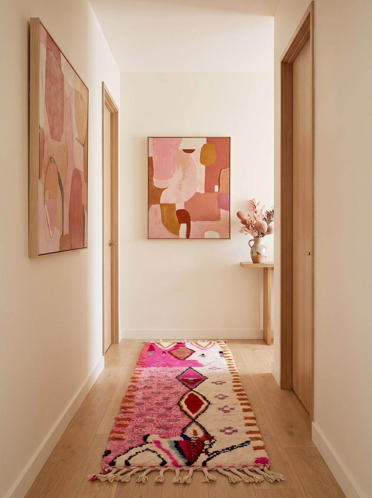 Tapis de couloir berbère style Azilal rose et blanc Ameln dans un autre couloir, noué main au Maroc