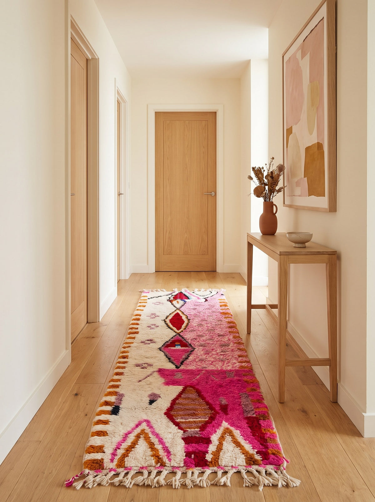 Tapis de couloir berbère style Azilal rose et blanc Ameln dans un troisième couloir, noué main au Maroc