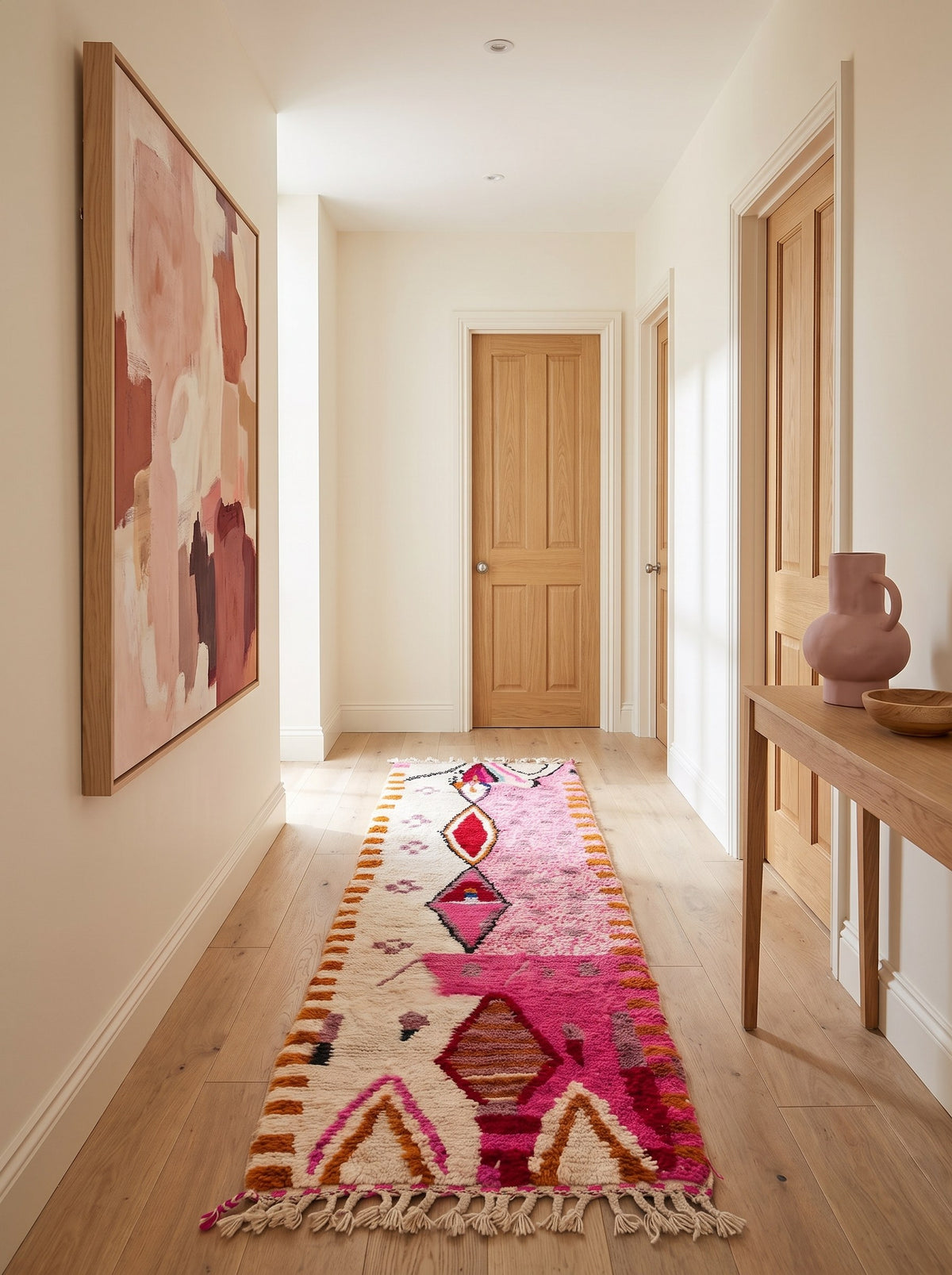 Tapis de couloir berbère style Azilal rose et blanc Ameln dans un couloir, noué main au Maroc