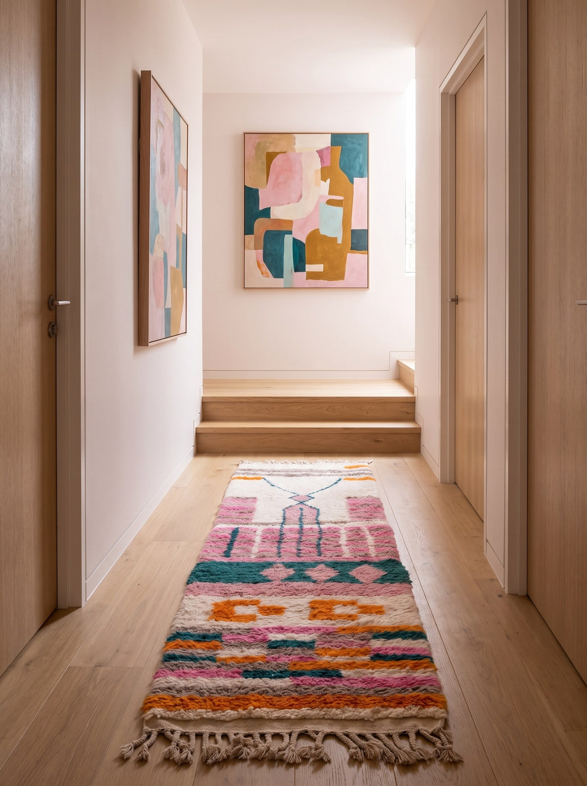 Tapis de couloir berbère style Azilal rose et orange Tikli dans un couloir, noué main au Maroc