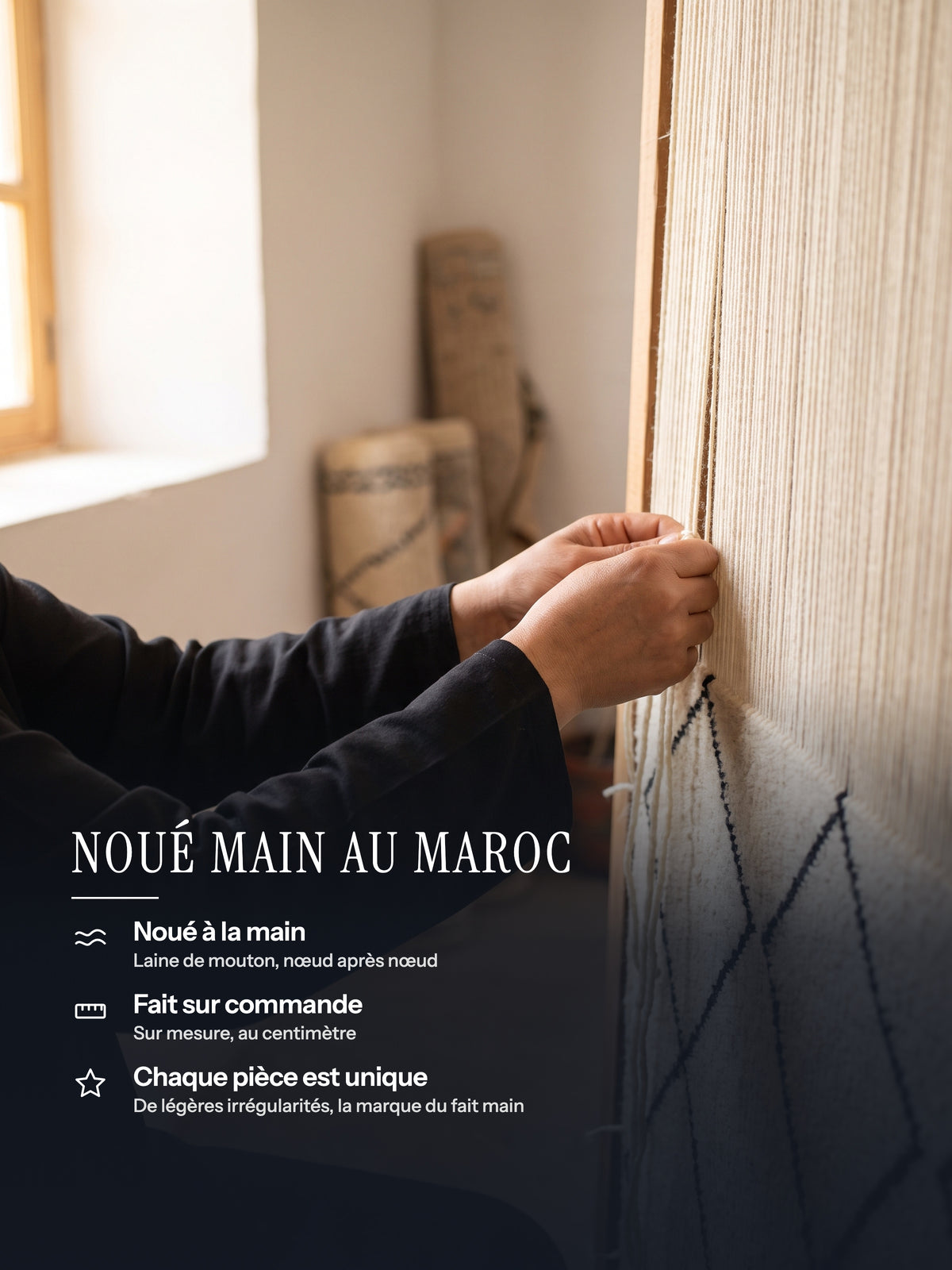 Tapis Casemira noué main au Maroc, laine de mouton, sur mesure, pièce unique