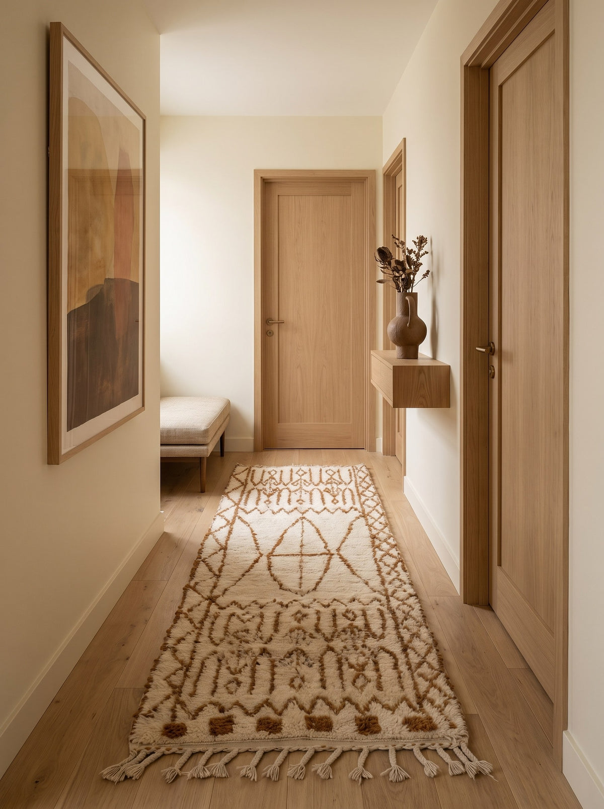 Tapis de couloir berbère style Beni Ouarain blanc et caramel Zemroun dans un autre couloir, noué main au Maroc