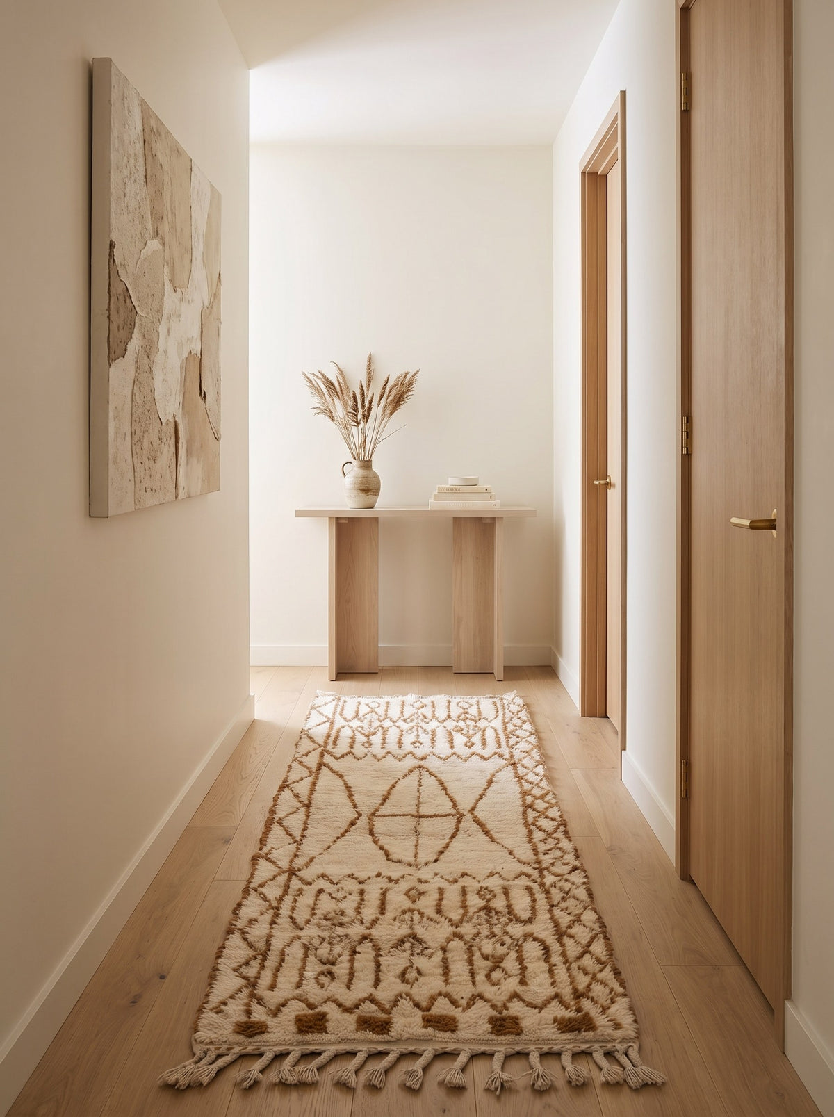 Tapis de couloir berbère style Beni Ouarain blanc et caramel Zemroun dans un couloir, noué main au Maroc