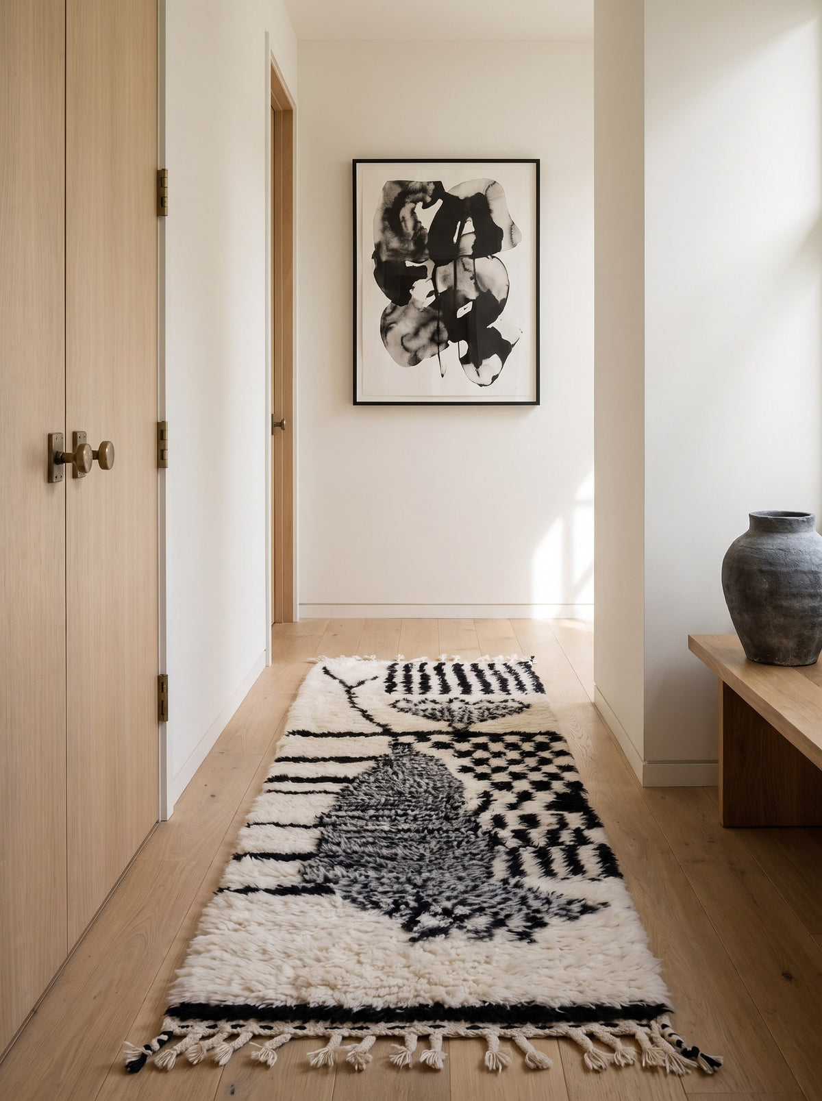 Tapis de couloir berbère style Beni Ouarain blanc et noir Chellah dans un autre couloir, noué main au Maroc