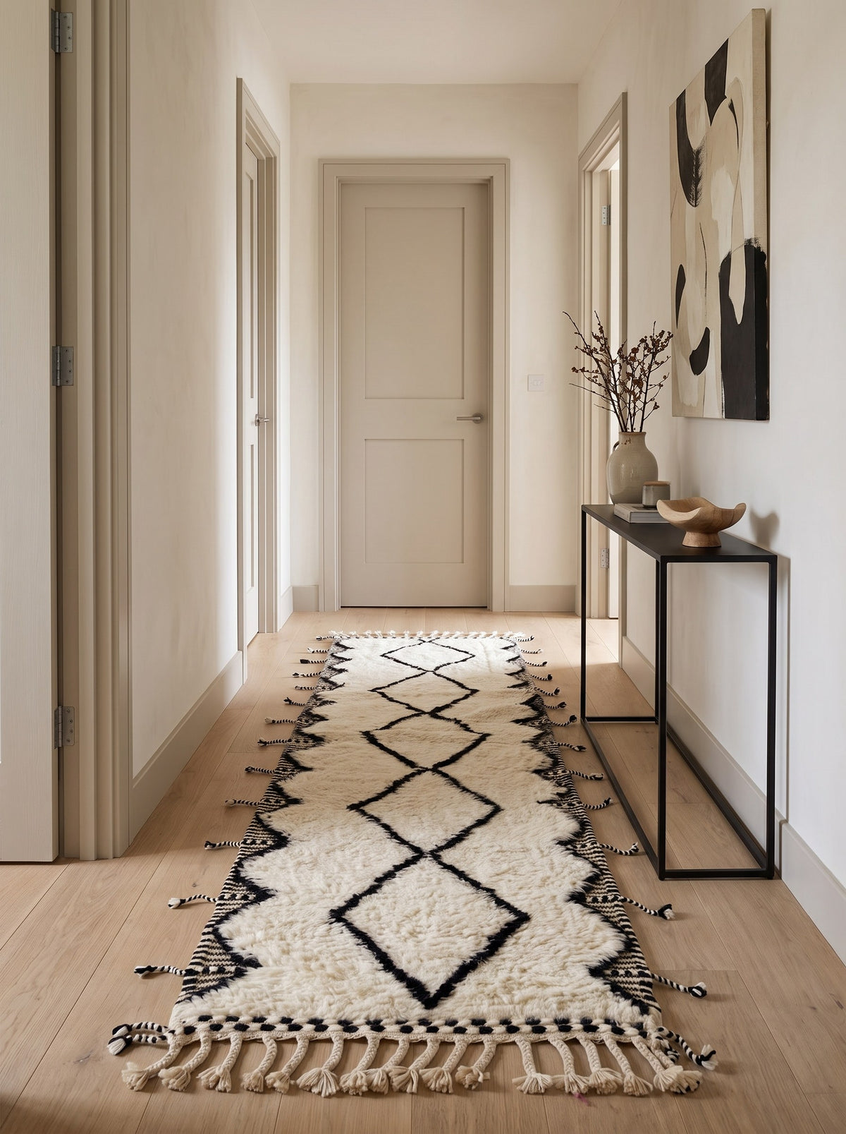 Tapis de couloir berbère style Beni Ouarain blanc Kandar dans un couloir, noué main au Maroc