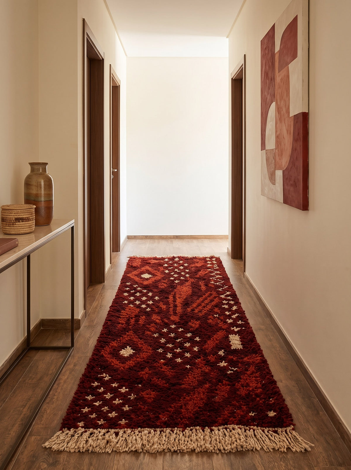 Tapis de couloir berbère style Boujad bordeaux Khenifra dans un autre couloir, noué main au Maroc