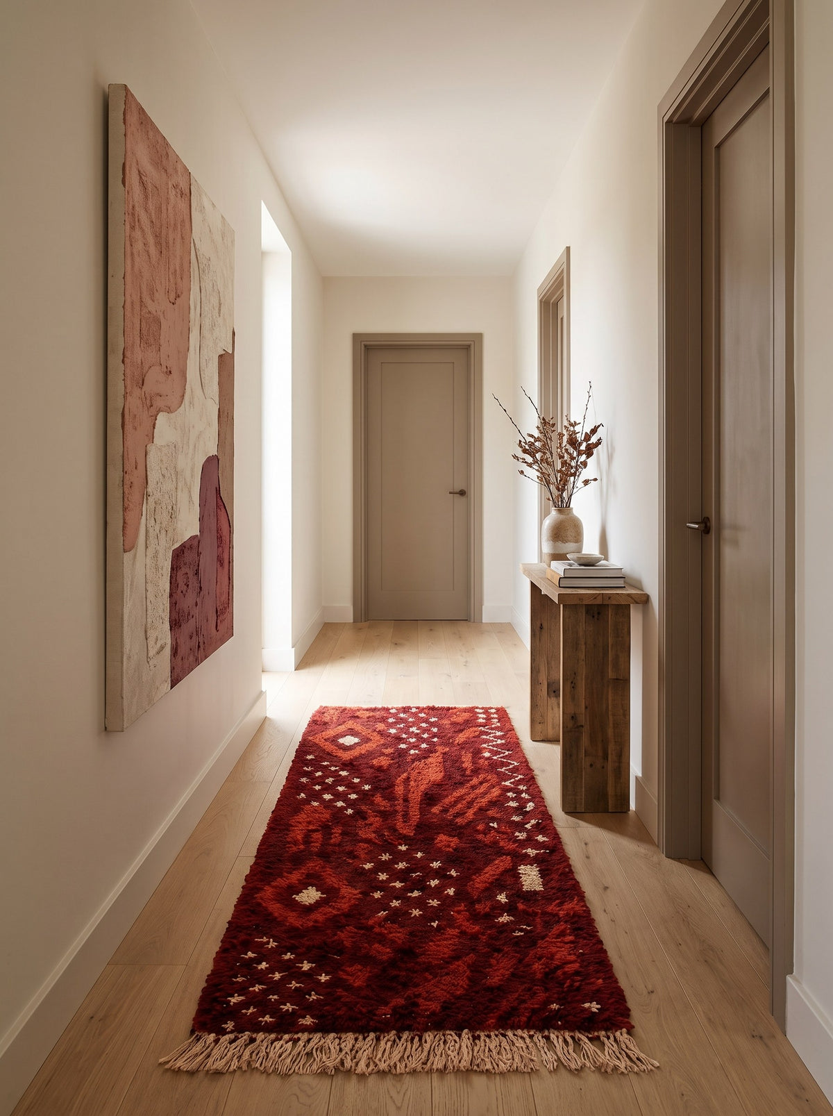 Tapis de couloir berbère style Boujad bordeaux Khenifra dans un troisième couloir, noué main au Maroc