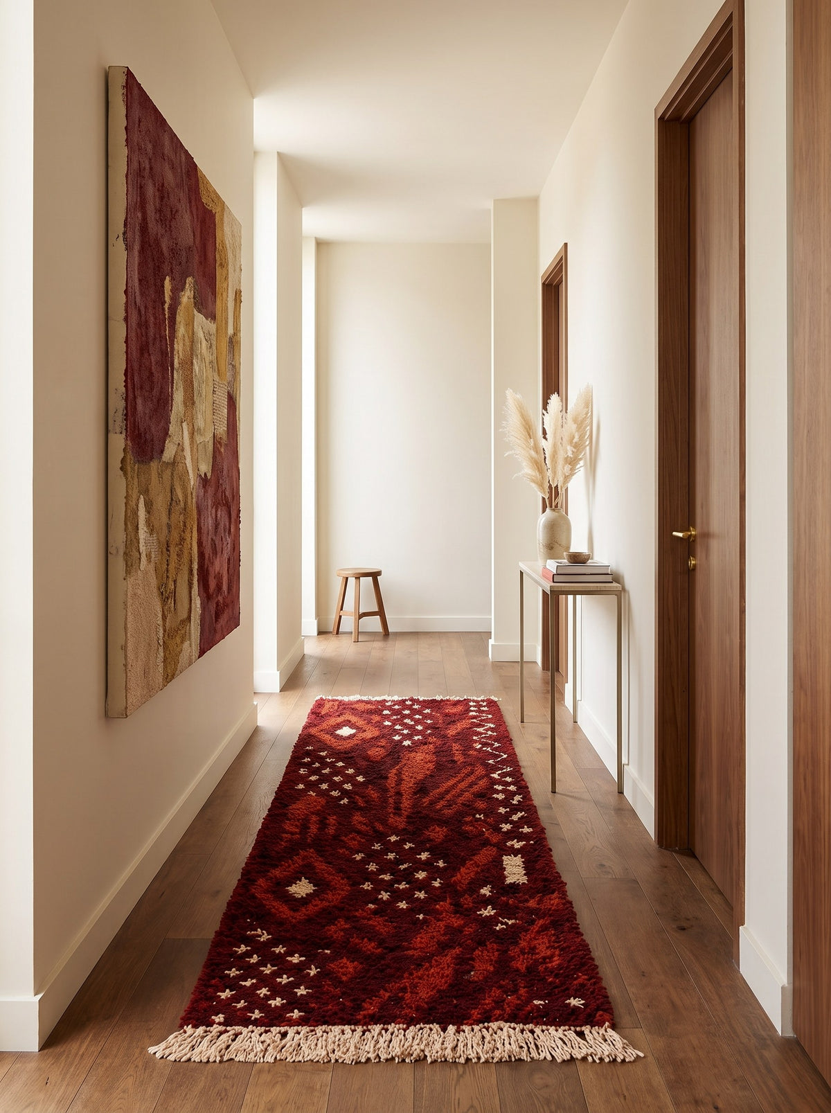 Tapis de couloir berbère style Boujad bordeaux Khenifra dans un couloir, noué main au Maroc
